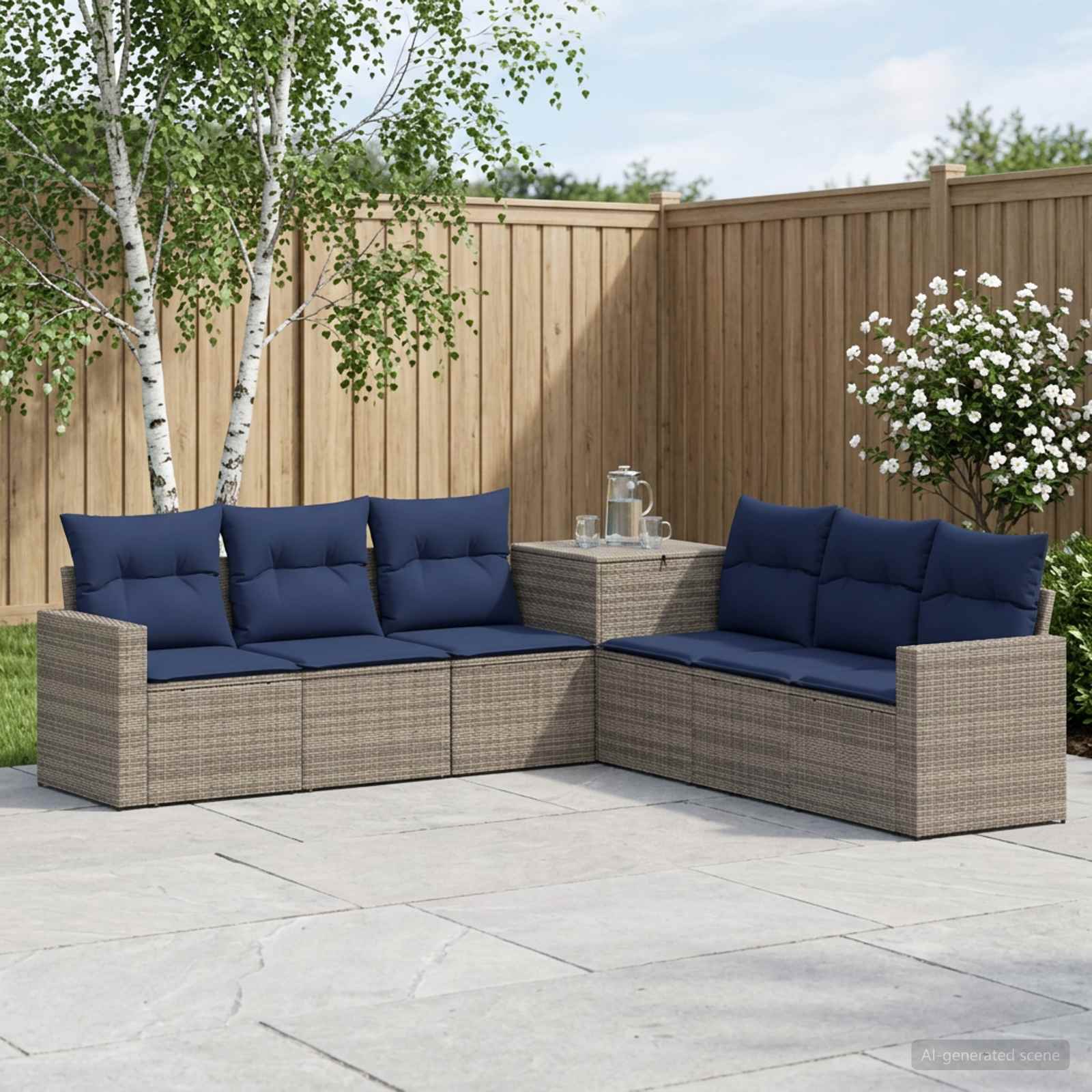 Sofa Set 7 stk. Grau und Marineblau Polyrattan und Stahl