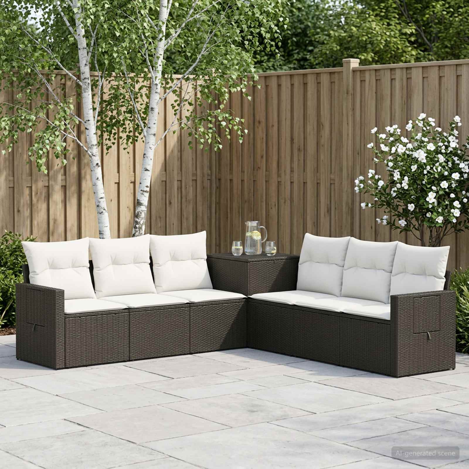 Sofa Set 7 stk. Schwarz und Cremeweiß Polyrattan und Stahl