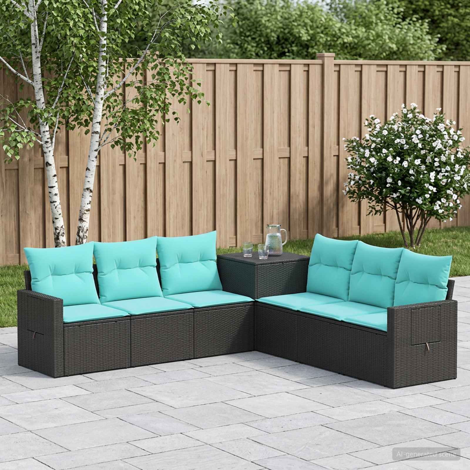 Sofa Set 7 stk. Schwarz und Blau Polyrattan und Stahl