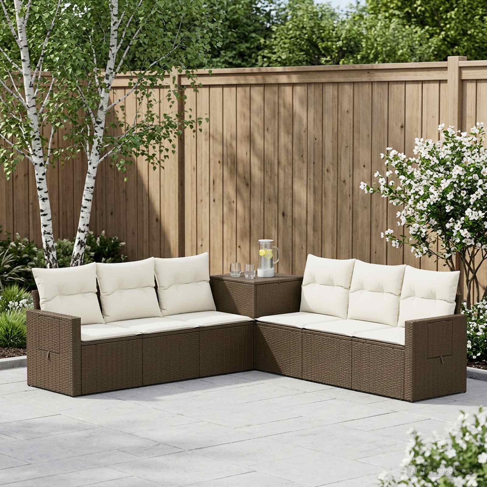 Sofa Set 7 stk. Braun und Creme Weiß Polyrattan und Stahl