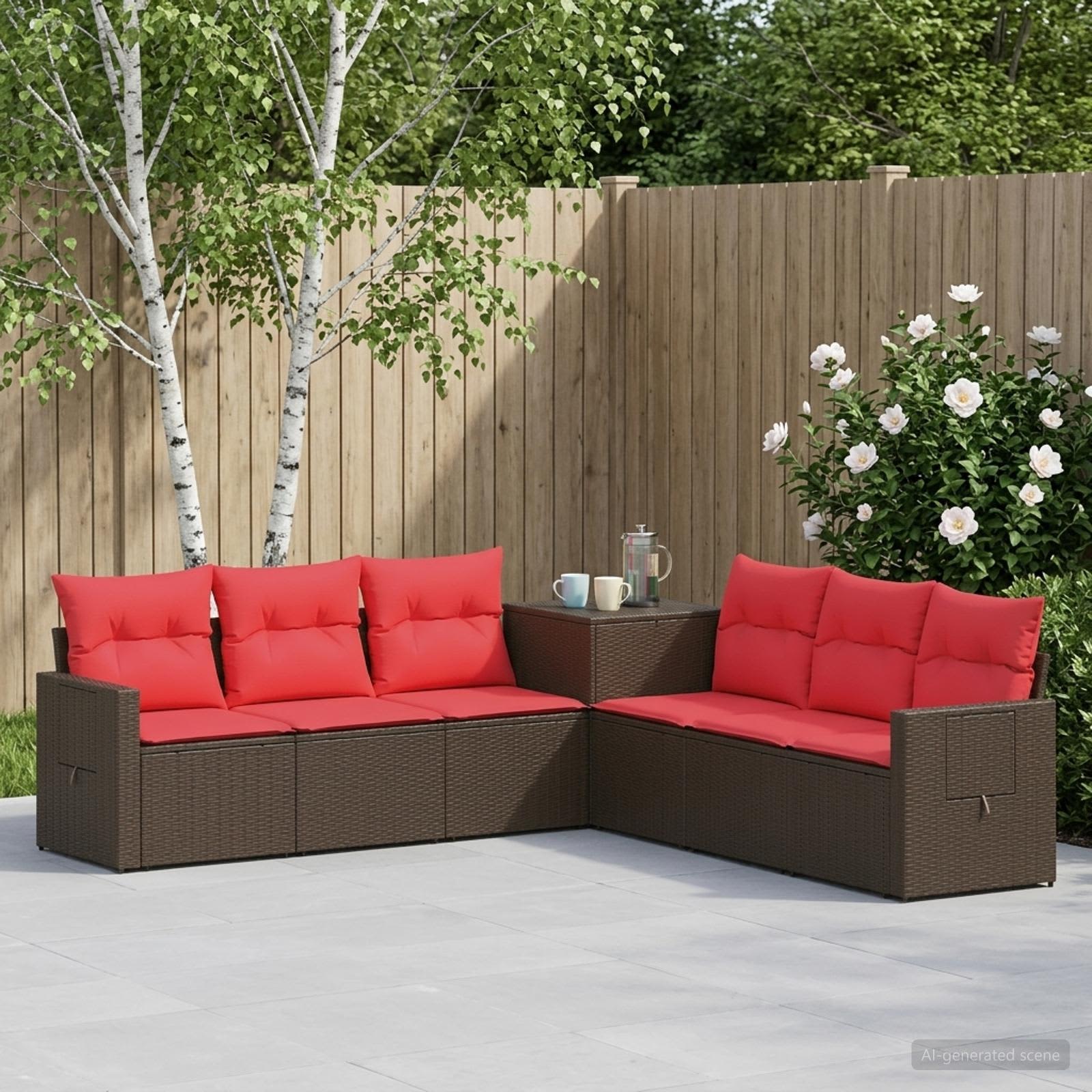 Sofa Set 7 stk. Braun und Rot Polyrattan und Stahl
