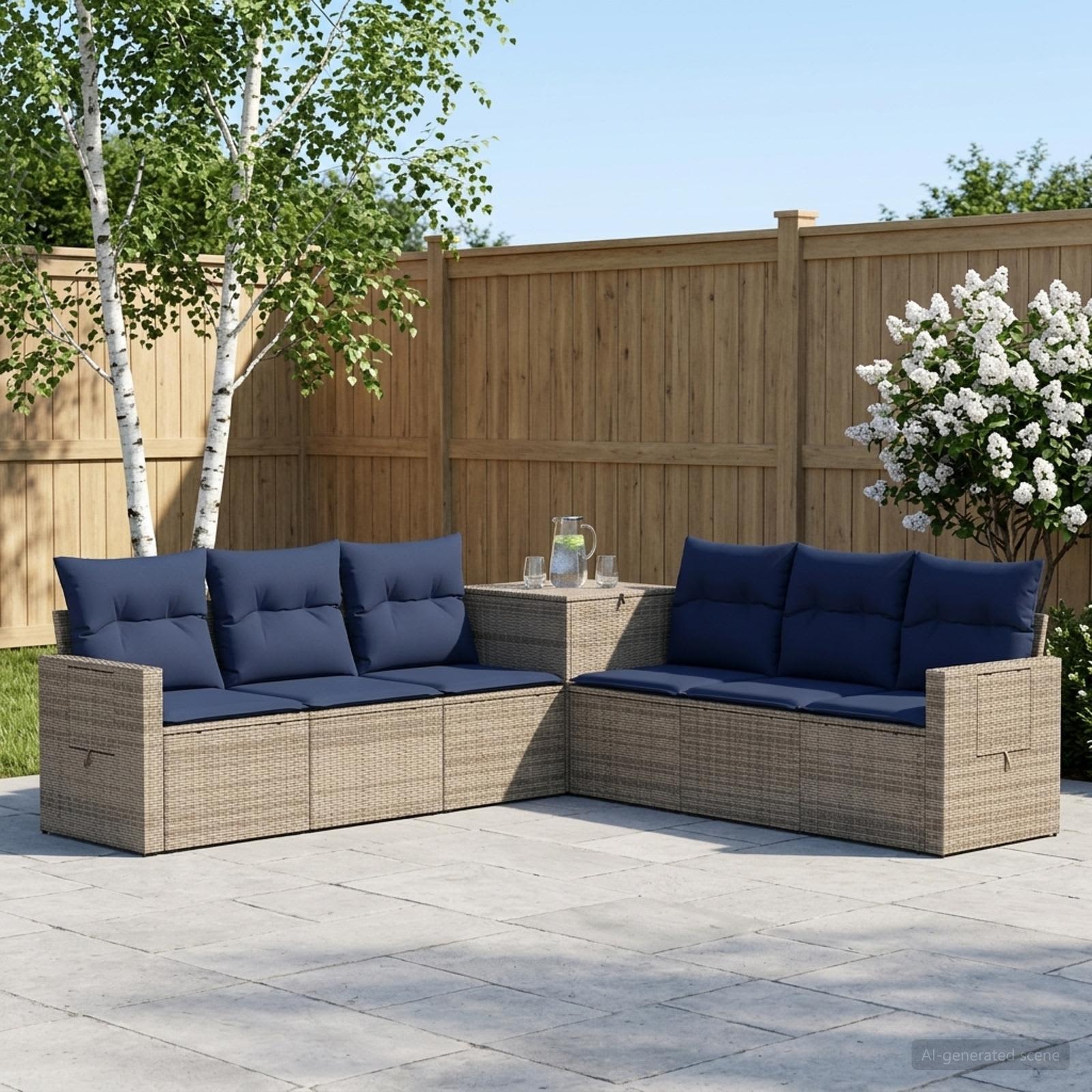 Sofa Set 7 stk. Grau und Marineblau Polyrattan und Stahl
