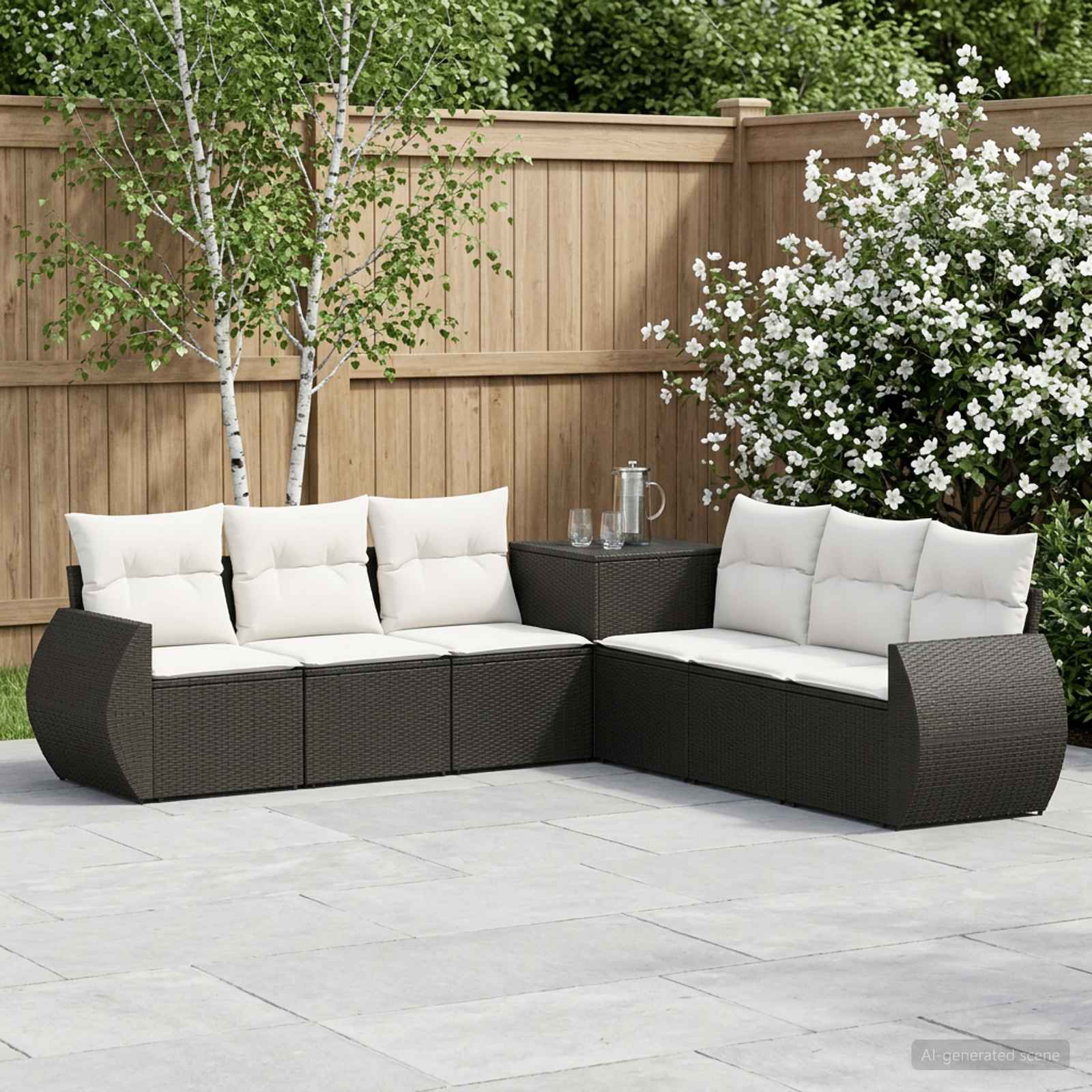 Sofa Set 7 stk. Schwarz und Cremeweiß Polyrattan und Stahl