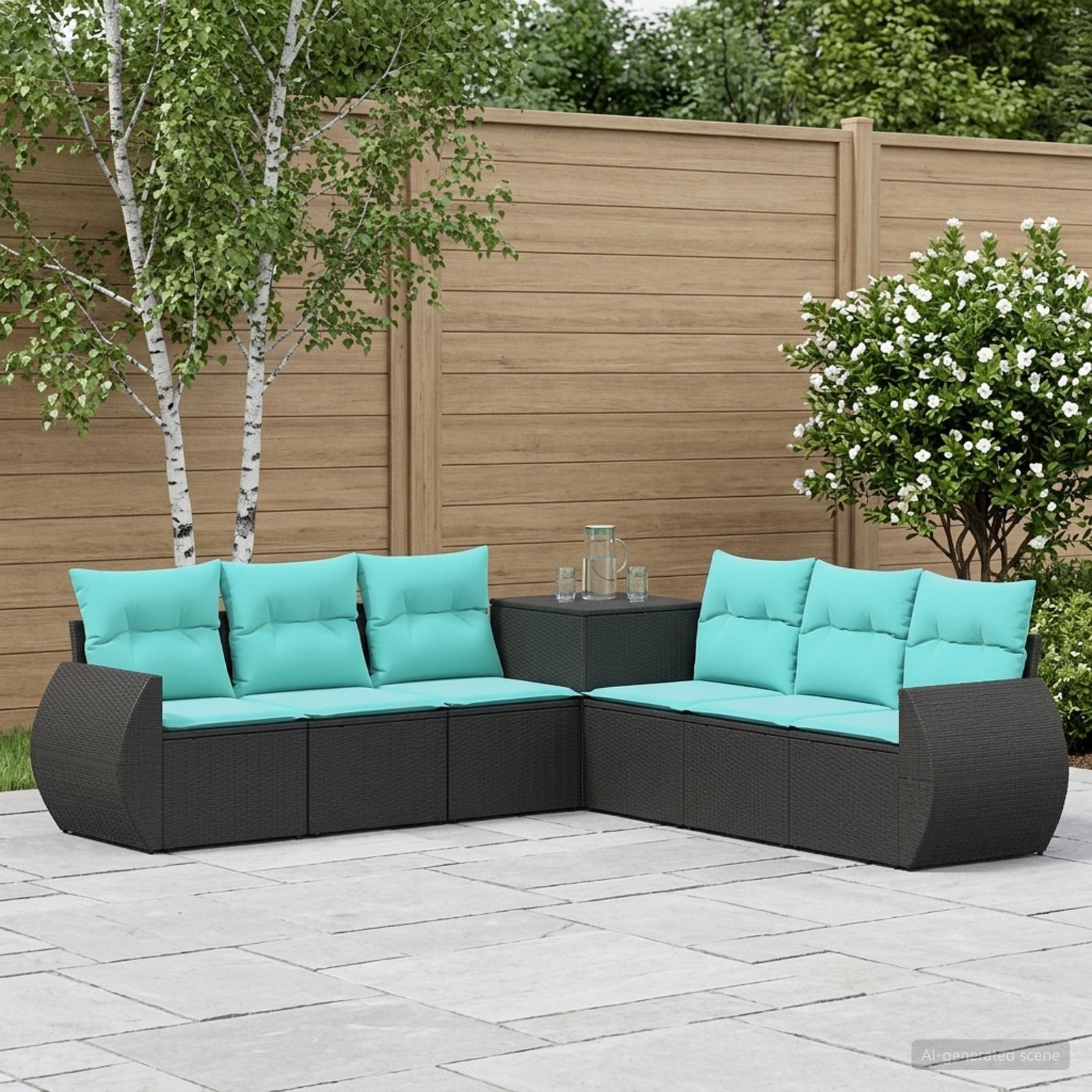 Sofa Set 7 stk. Schwarz und Blau Polyrattan und Stahl
