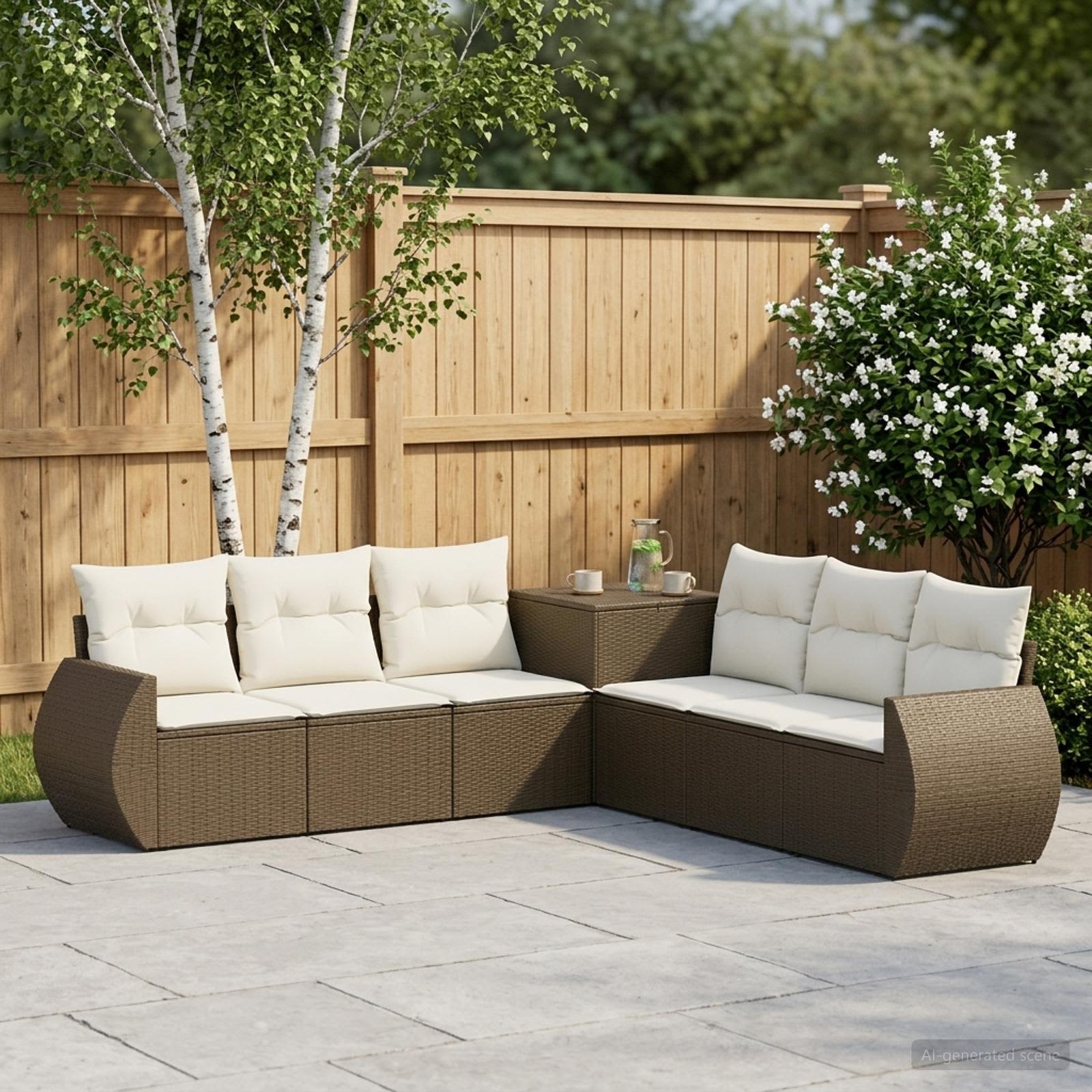 Sofa Set 7 stk. Braun und Creme Weiß Polyrattan und Stahl
