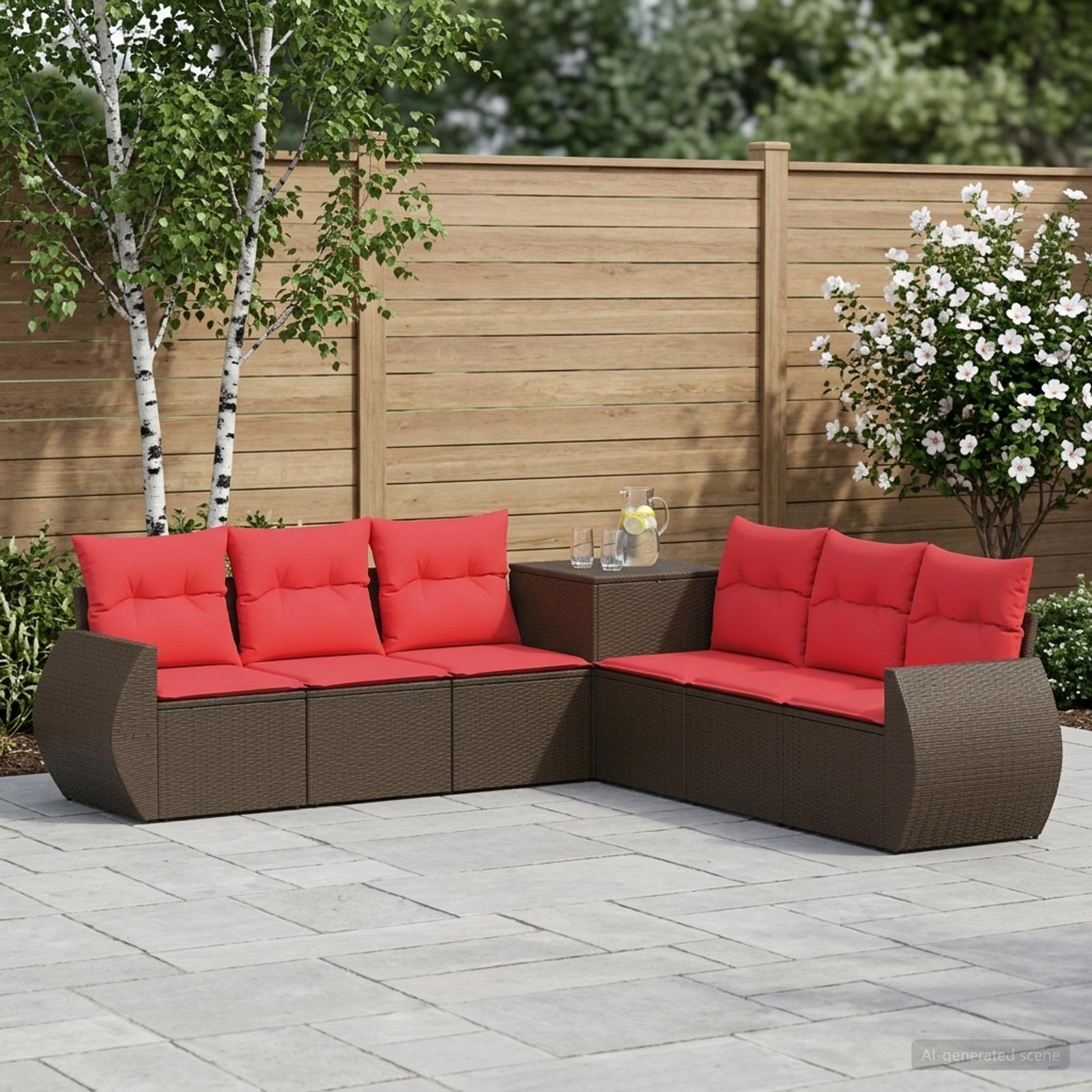 Sofa Set 7 stk. Braun und Rot Polyrattan und Stahl