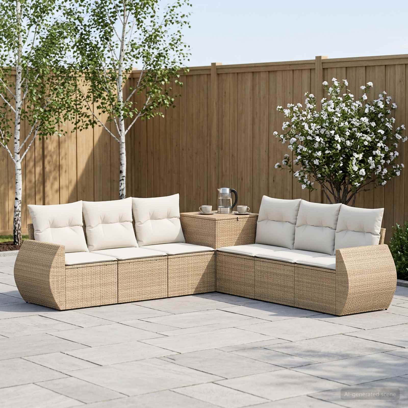 Sofa Set 7 stk. Beige und Cremeweiß Polyrattan und Stahl