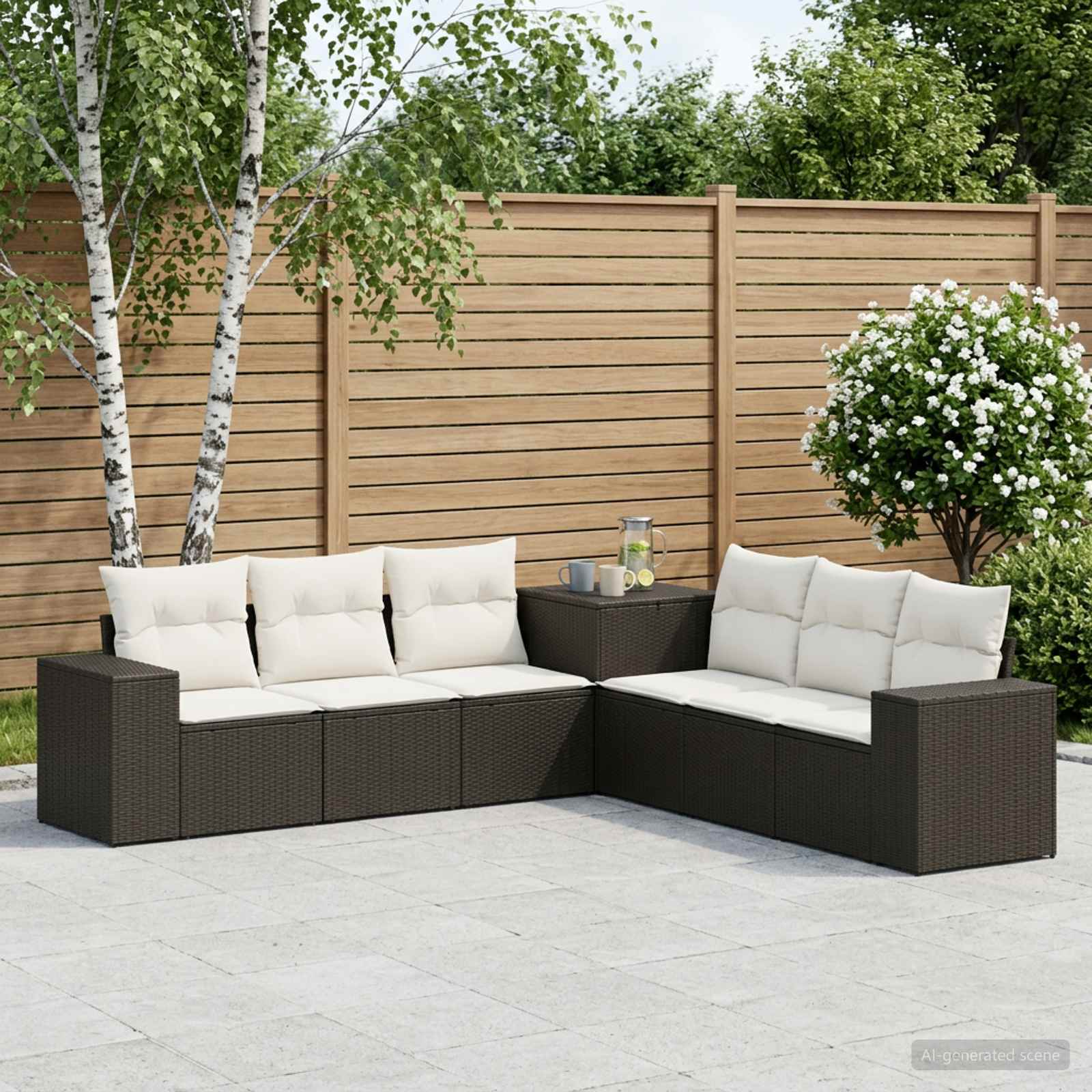 Sofa Set 7 stk. Schwarz und Cremeweiß Polyrattan und Stahl
