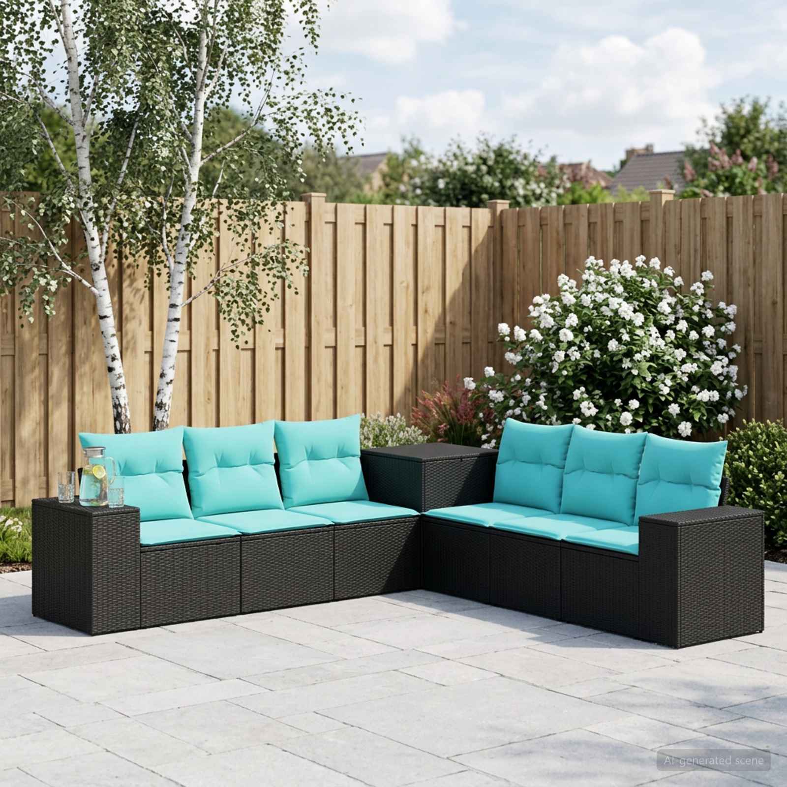 Sofa Set 7 stk. Schwarz und Blau Polyrattan und Stahl
