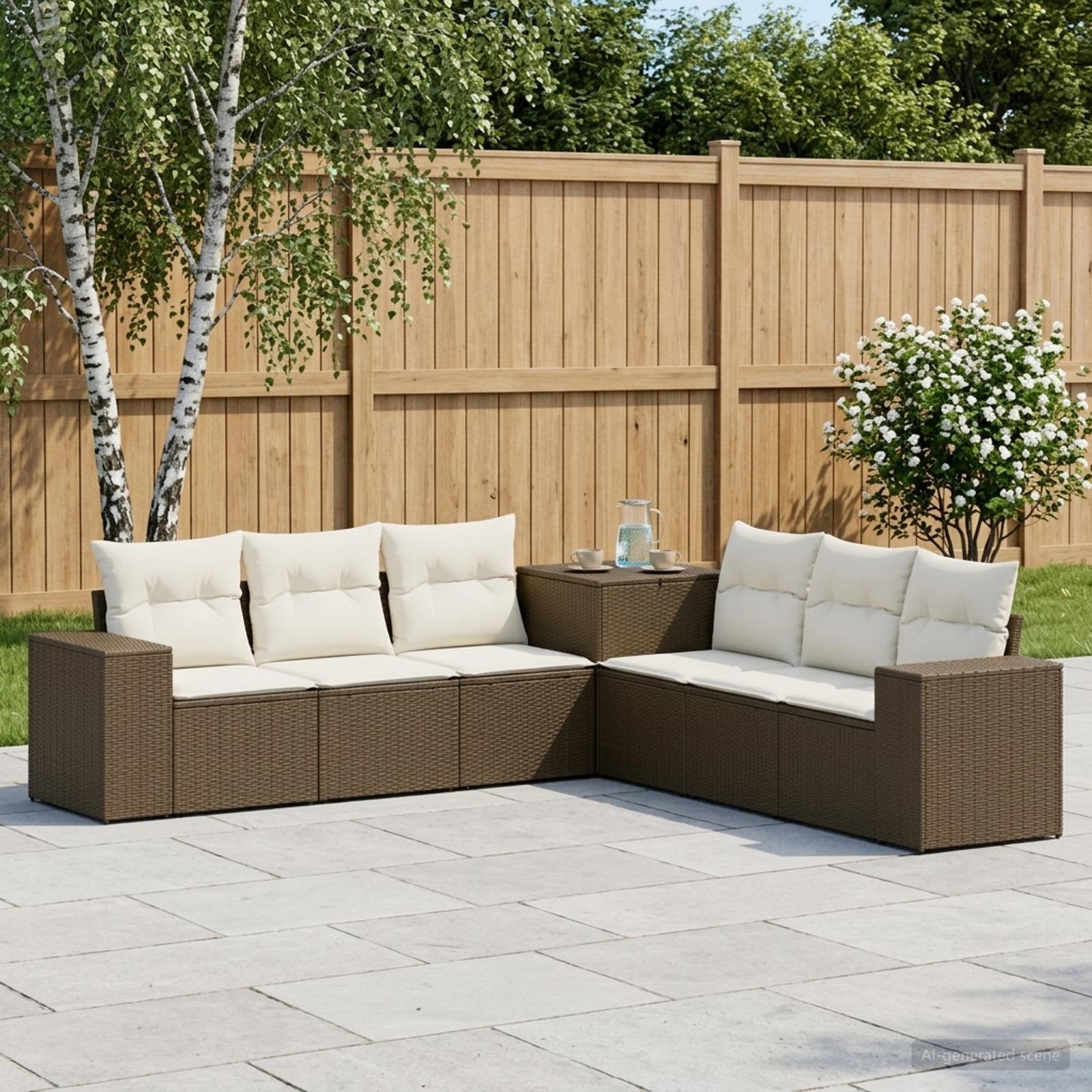 Sofa Set 7 stk. Braun und Creme Weiß Polyrattan und Stahl