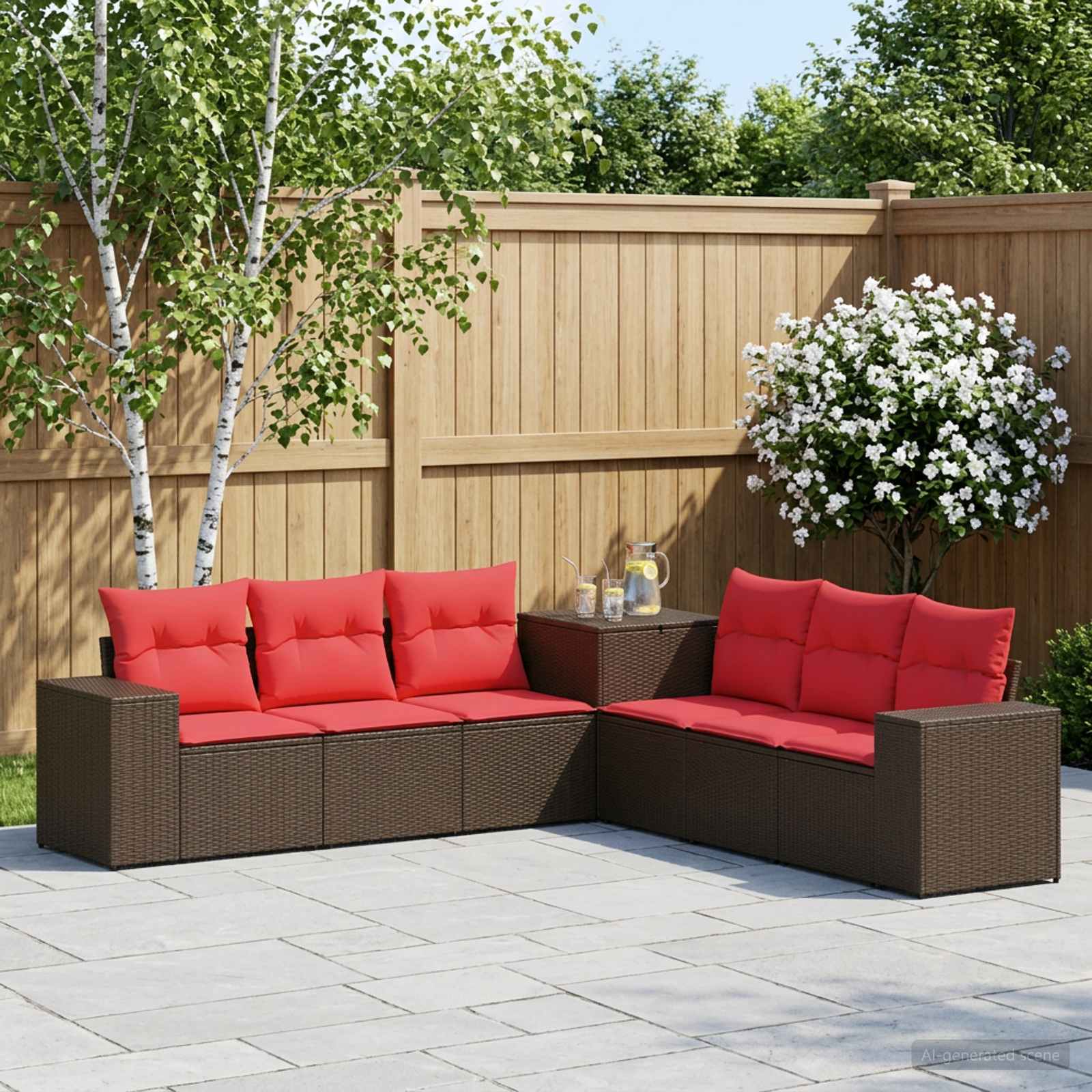 Sofa Set 7 stk. Braun und Rot Polyrattan und Stahl