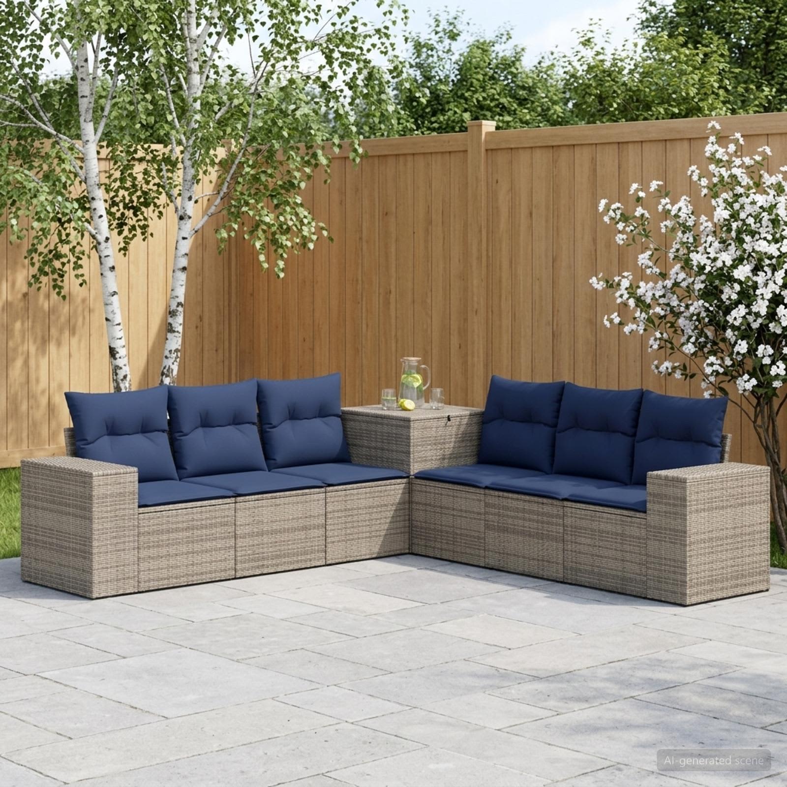Sofa Set 7 stk. Grau und Marineblau Polyrattan und Stahl