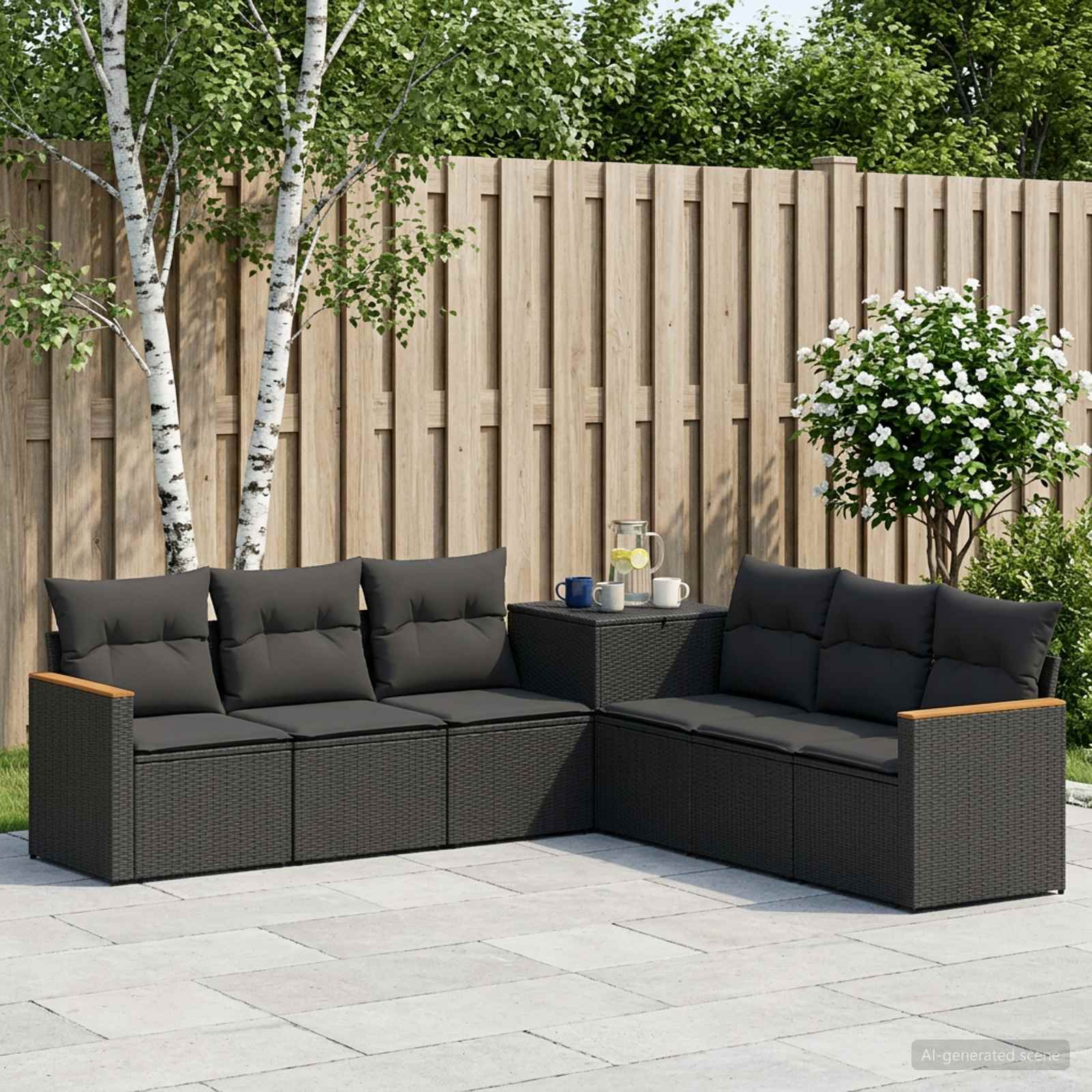 Sofa Set 7 stk. Schwarz Polyrattan und Stahl