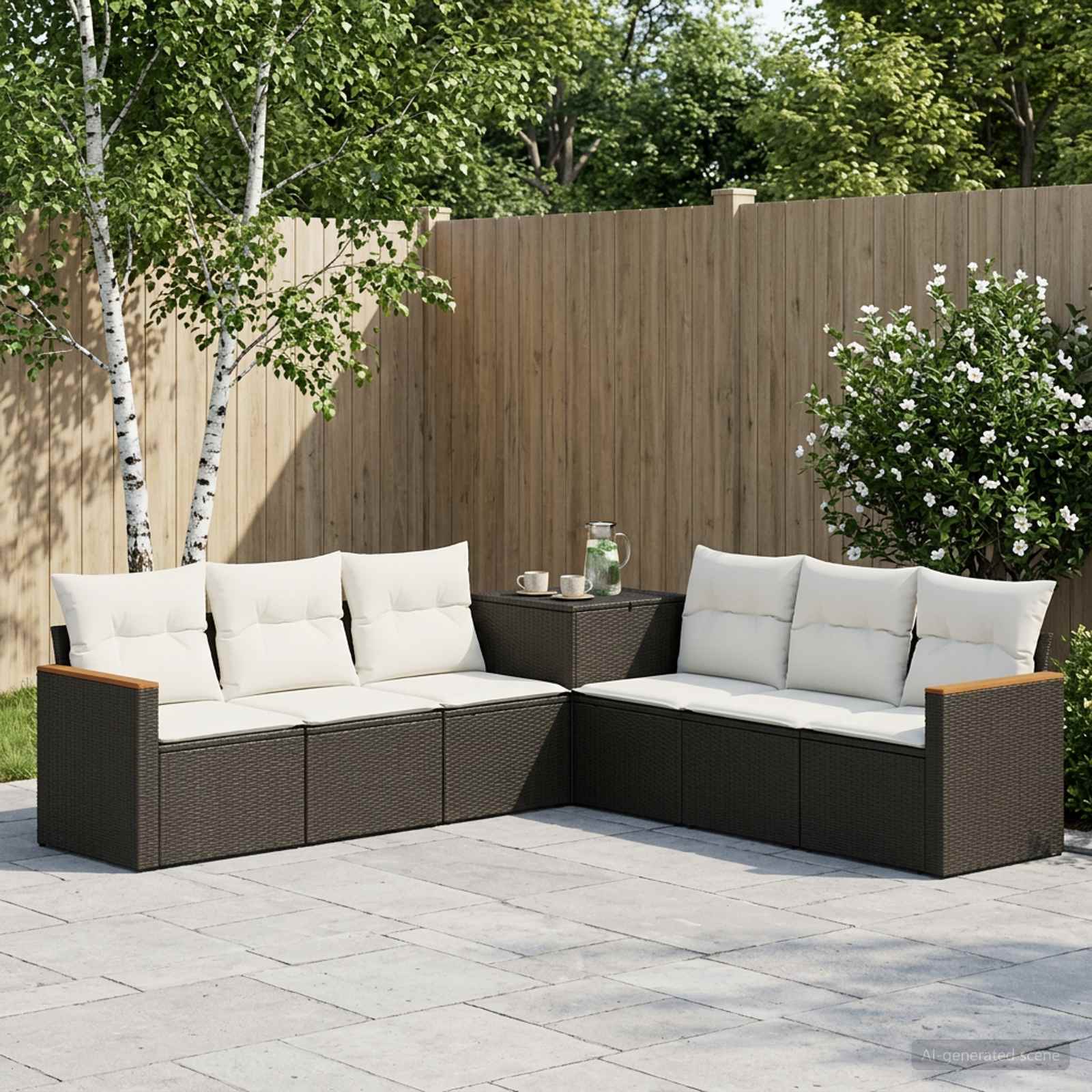 Sofa Set 7 stk. Schwarz und Cremeweiß Polyrattan und Stahl