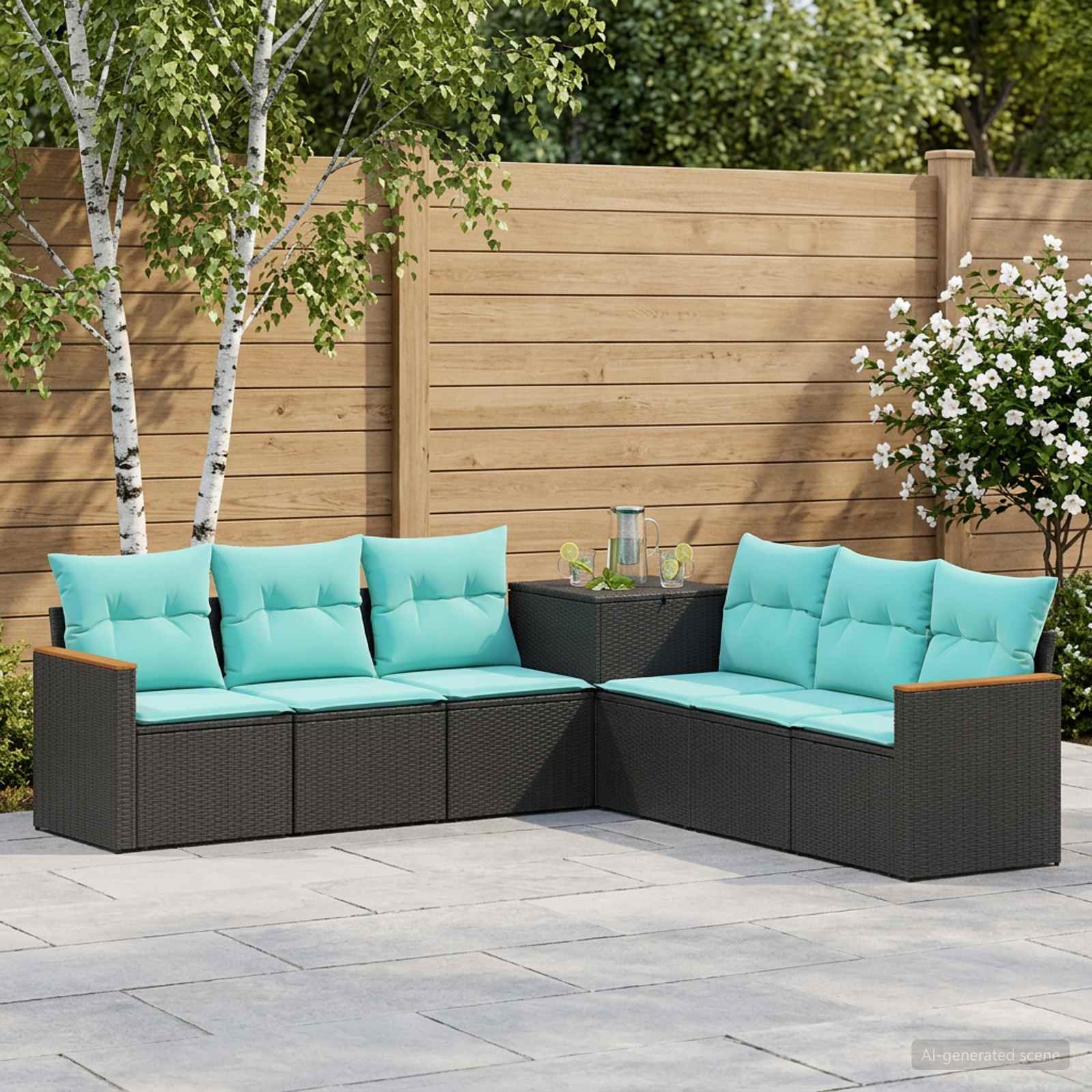 Sofa Set 7 stk. Schwarz und Blau Polyrattan und Stahl