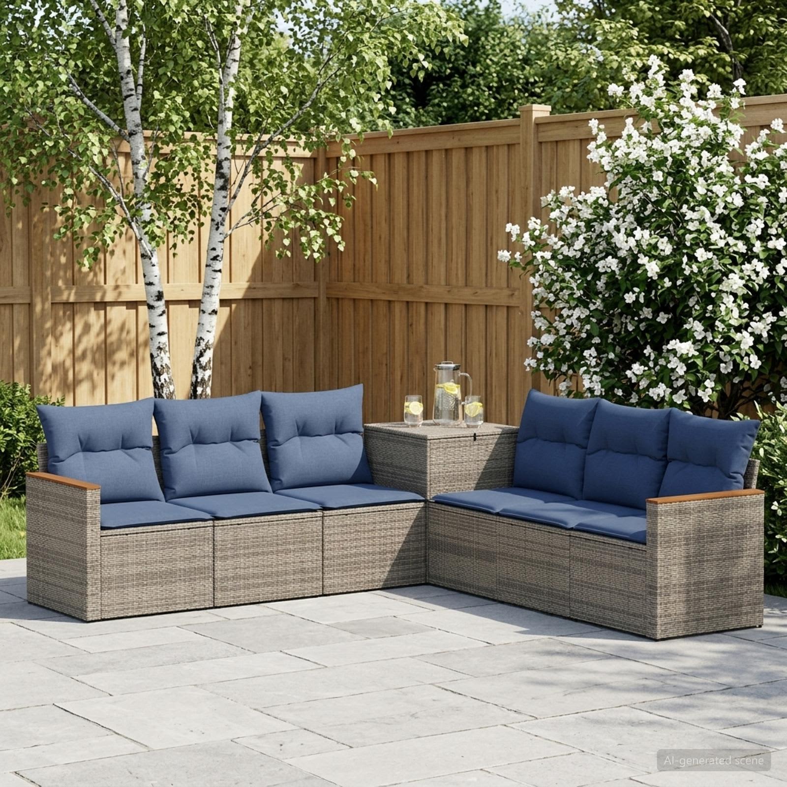 Sofa Set 7 stk. Grau und Marineblau Polyrattan und Stahl
