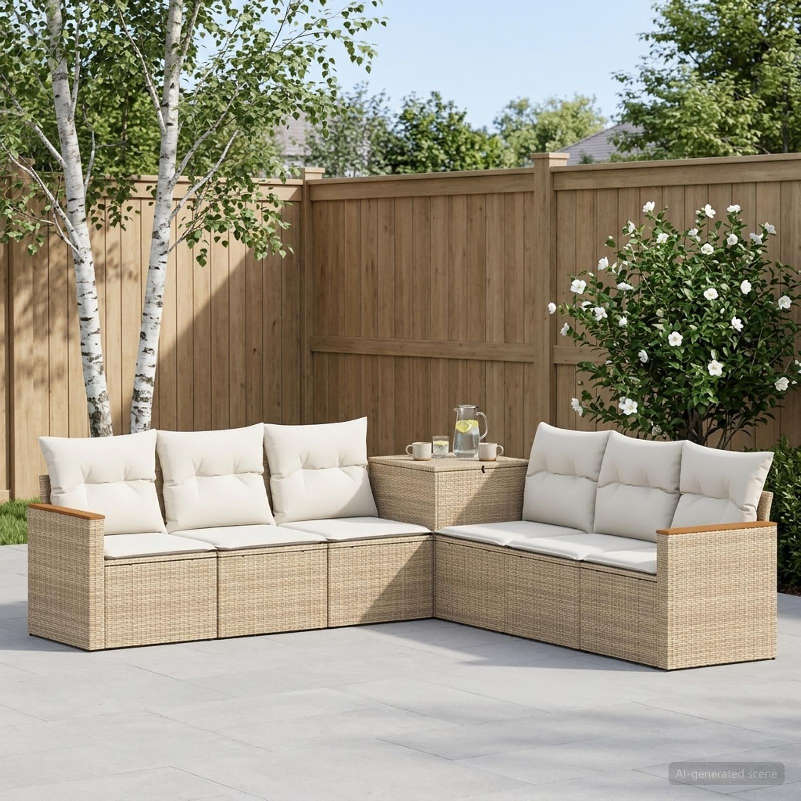 Sofa Set 7 stk. Beige und Cremeweiß Polyrattan und Stahl