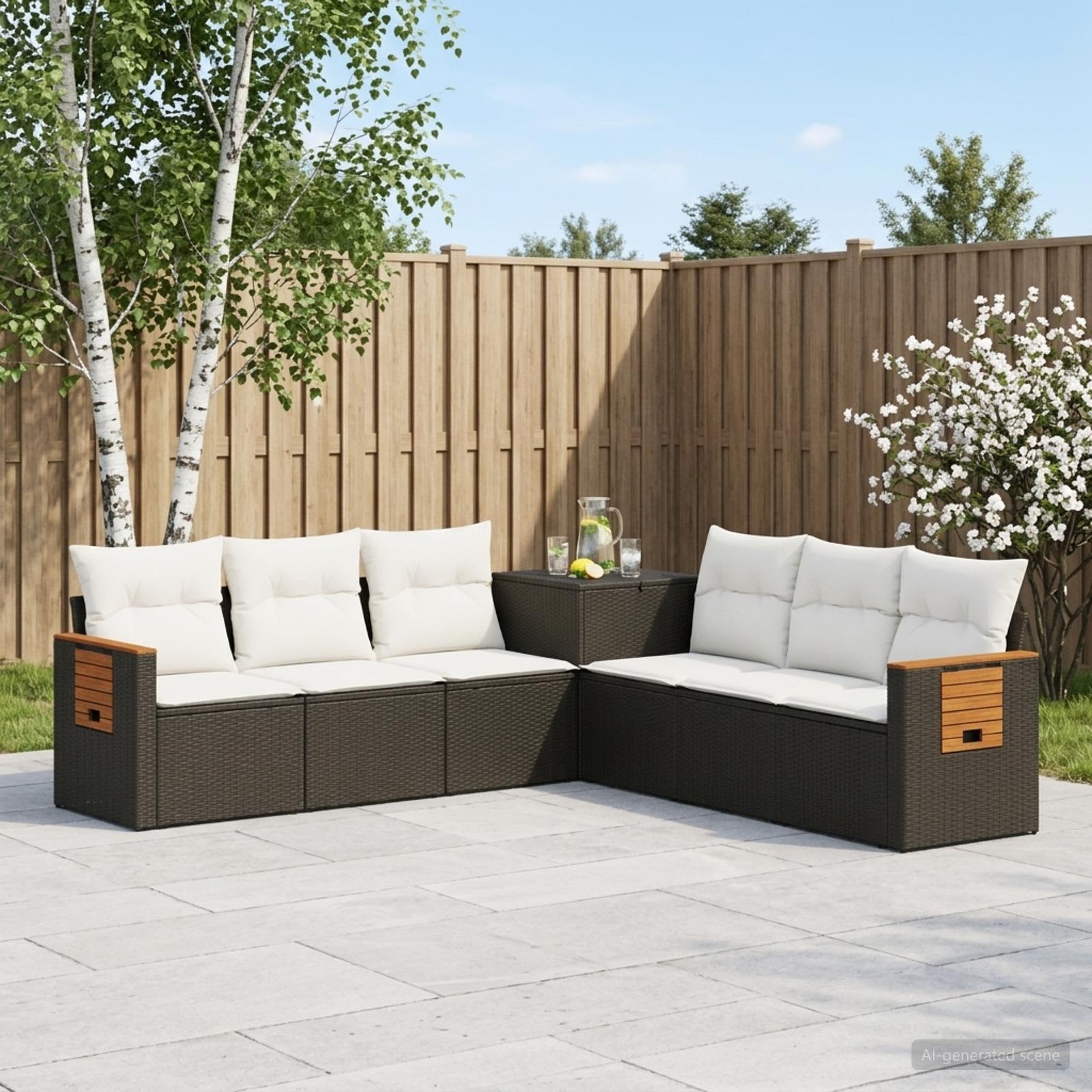 Sofa Set 7 stk. Schwarz und Cremeweiß Polyrattan und Stahl