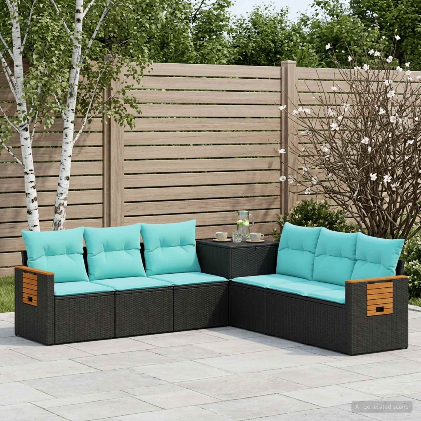Sofa Set 7 stk. Schwarz und Blau Polyrattan und Stahl