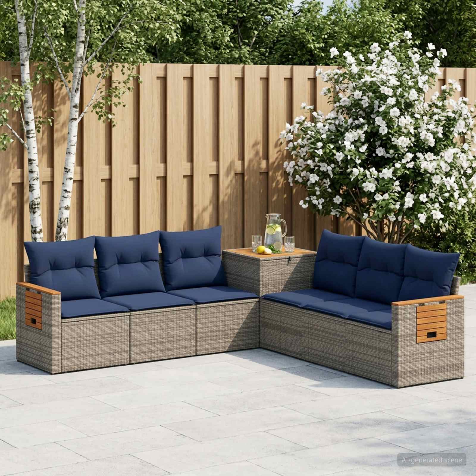 Sofa Set 7 stk. Grau und Marineblau Polyrattan und Stahl