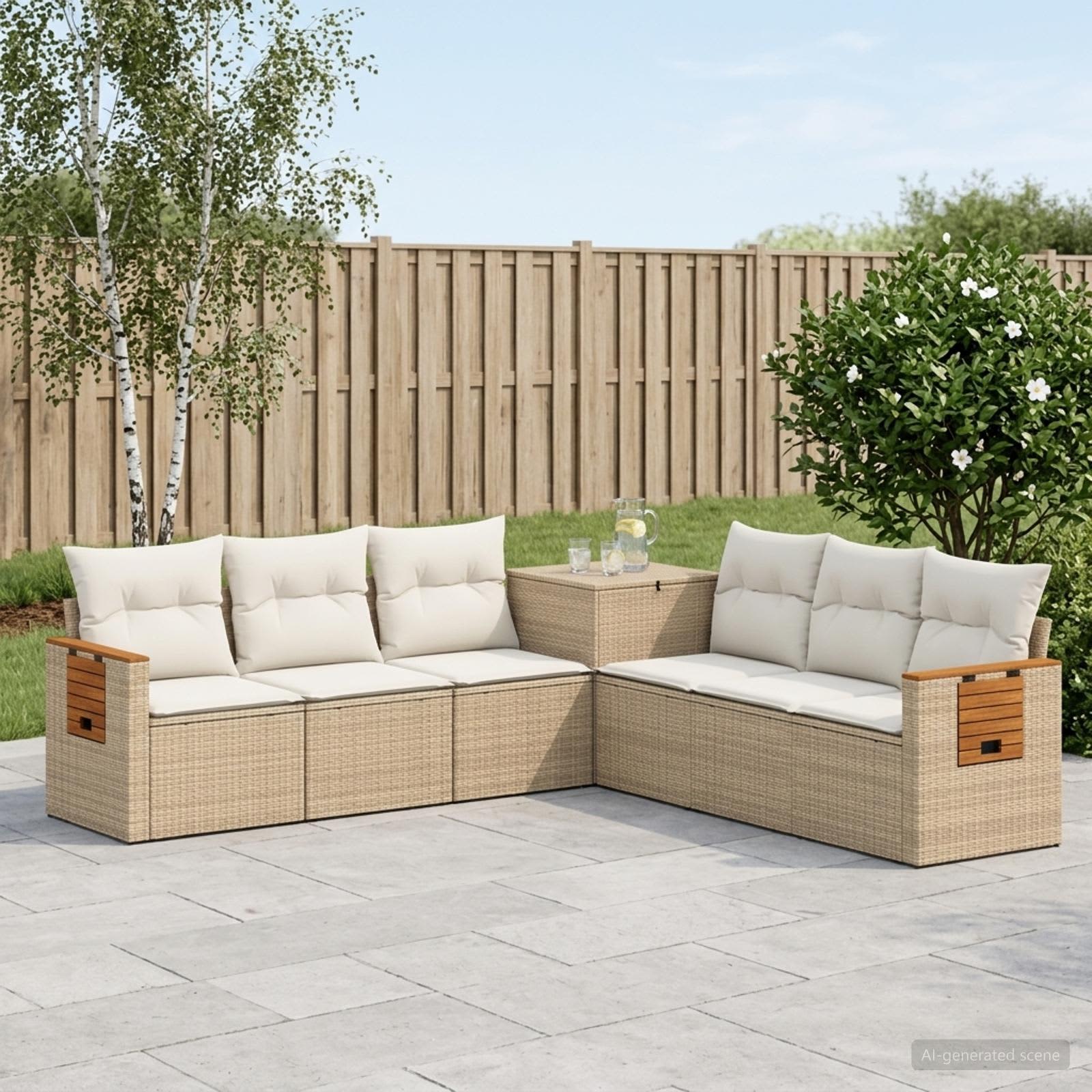 Sofa Set 7 stk. Beige und Cremeweiß Polyrattan und Stahl