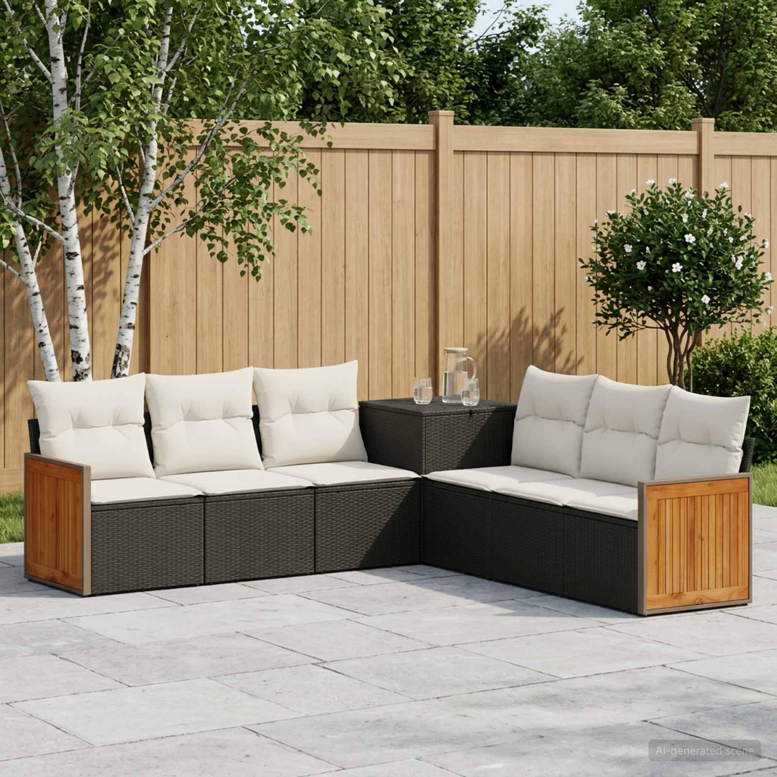 Sofa Set 7 stk. Schwarz und Cremeweiß Polyrattan und Stahl