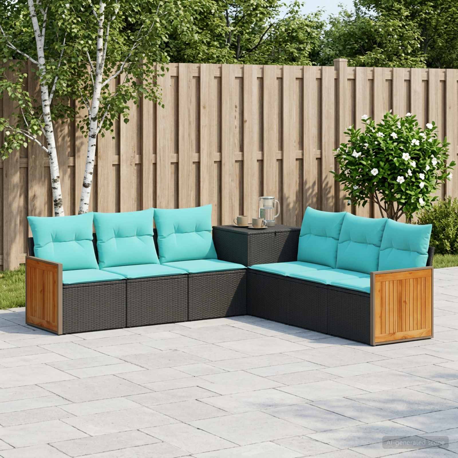 Sofa Set 7 stk. Schwarz und Blau Polyrattan und Stahl