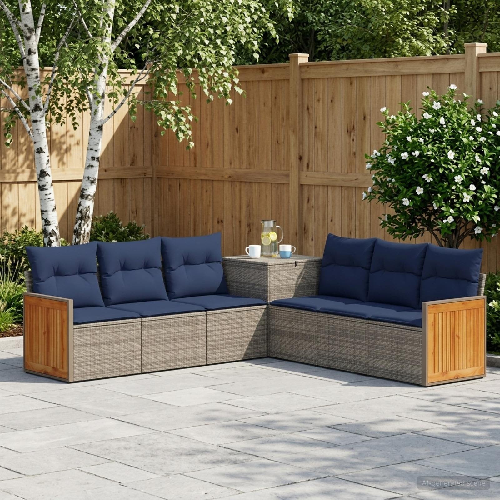 Sofa Set 7 stk. Grau und Marineblau Polyrattan und Stahl