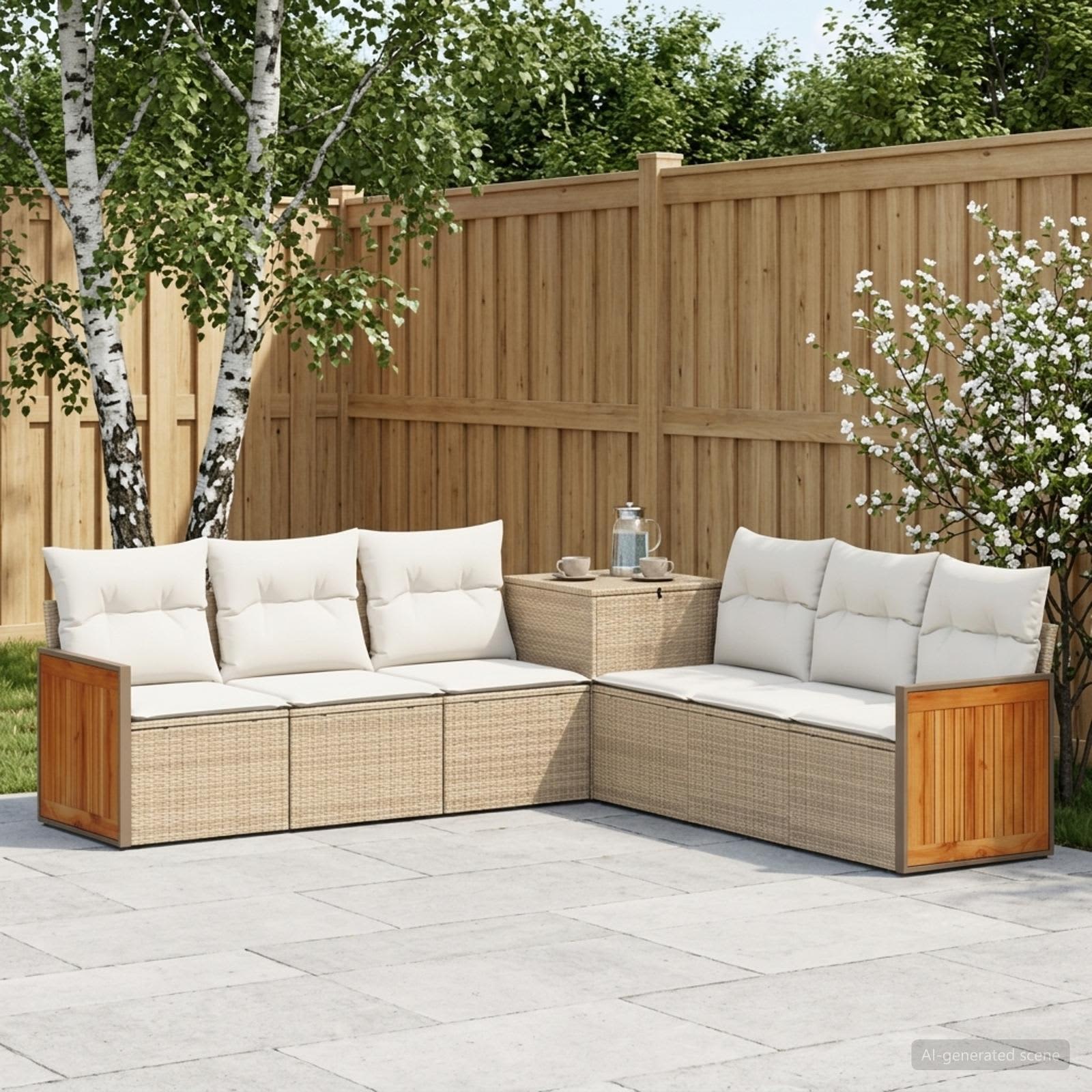 Sofa Set 7 stk. Beige und Cremeweiß Polyrattan und Stahl