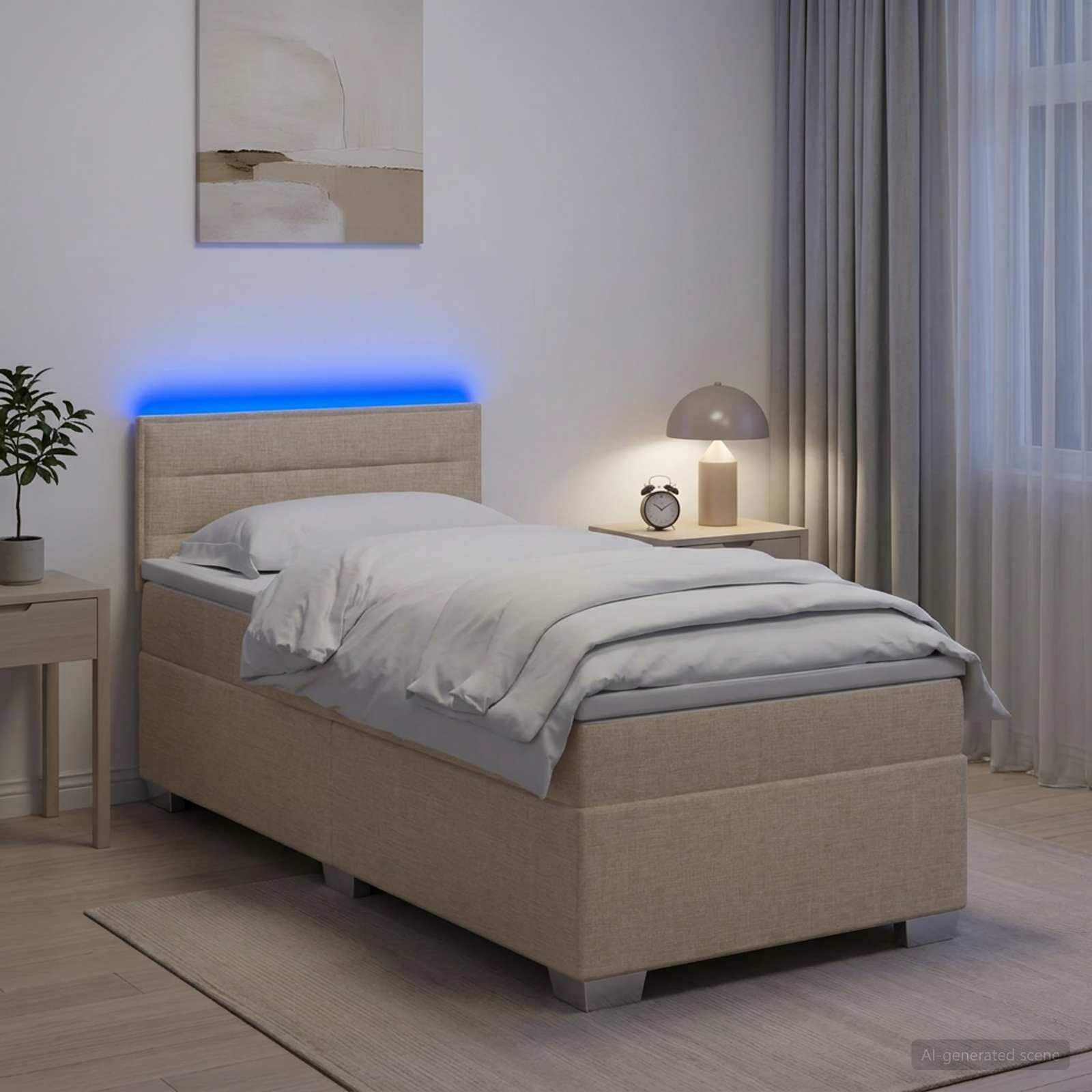 Boxspringbett mit Matratze und LED Creme 100 x 200 cm Stoff