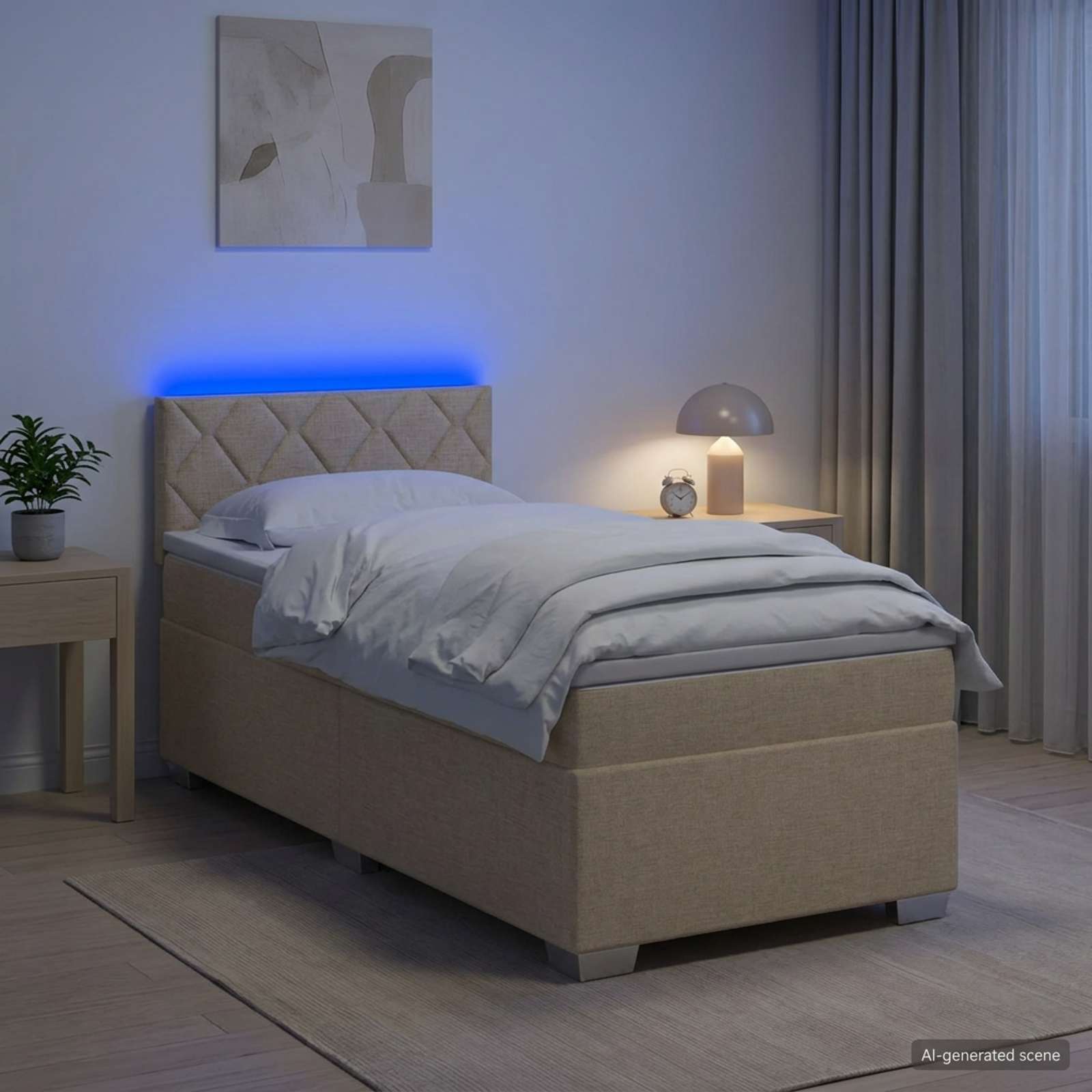 Boxspringbett mit Matratze und LED Creme 100 x 200 cm Stoff