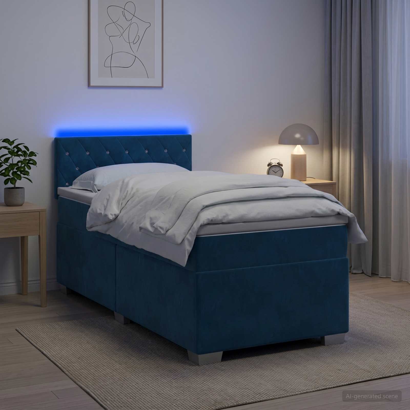 Boxspringbett mit Matratze und LED Blau 90 x 190 cm Samt