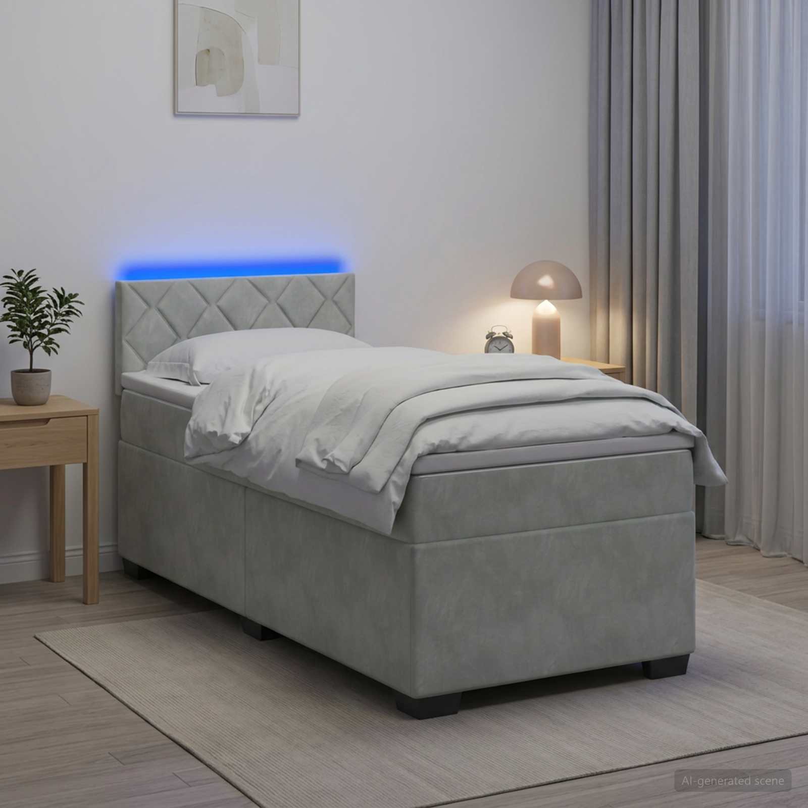 Boxspringbett mit Matratze und LED Hellgrau 90 x 200 cm Samt