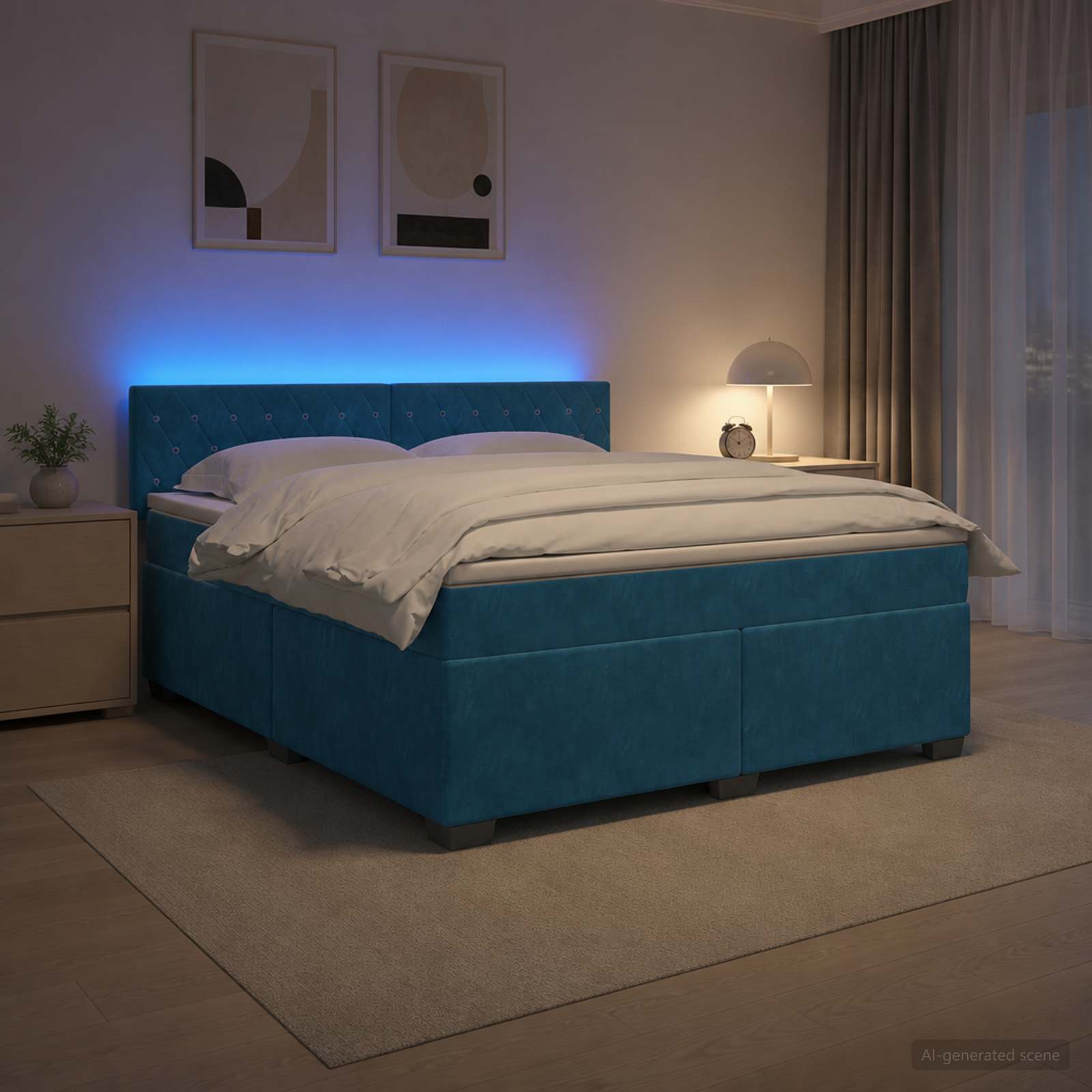 Boxspringbett mit Matratze und LED Blau 140 x 190 cm Samt