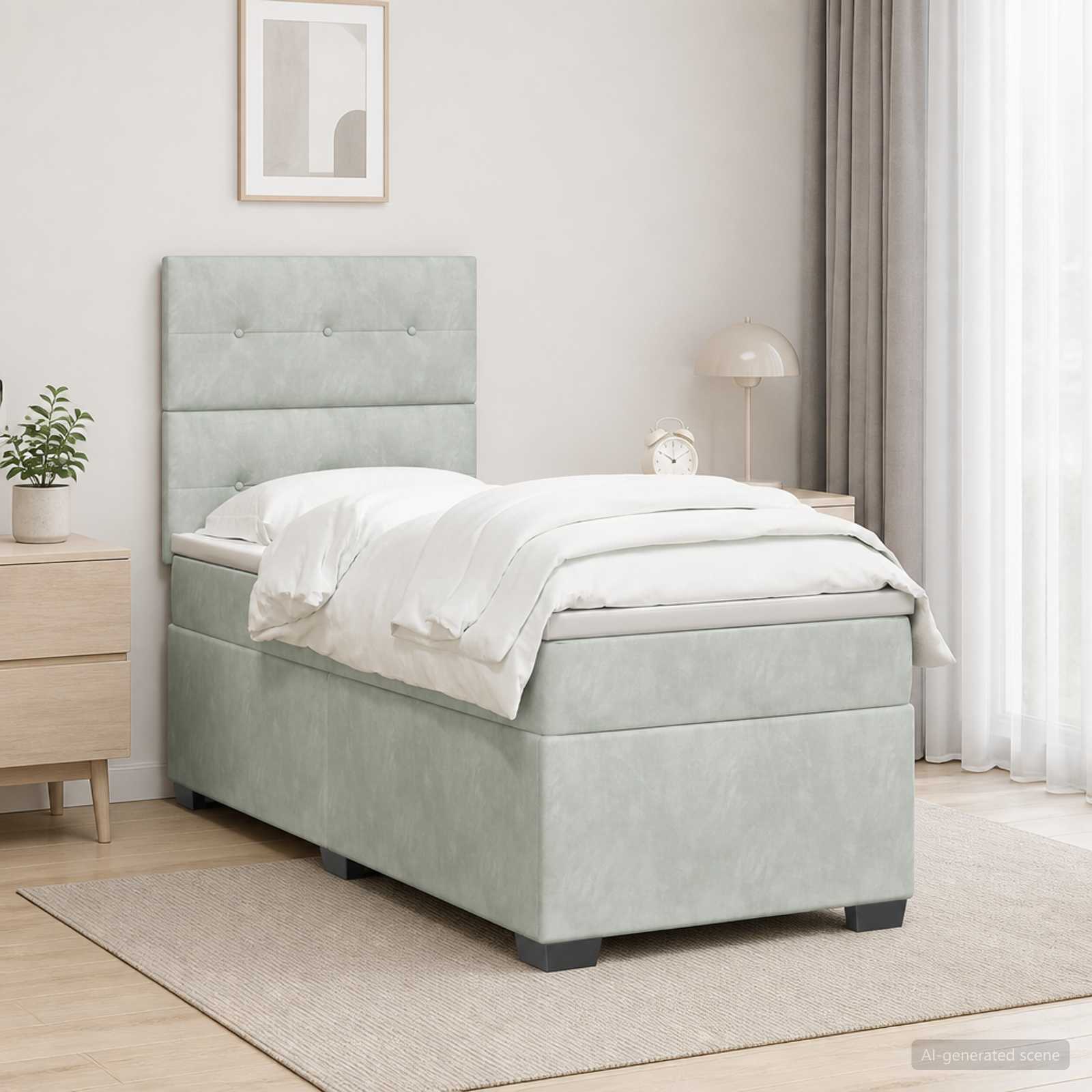 Boxspringbett mit Matratze Hellgrau 90 x 190 cm Samt