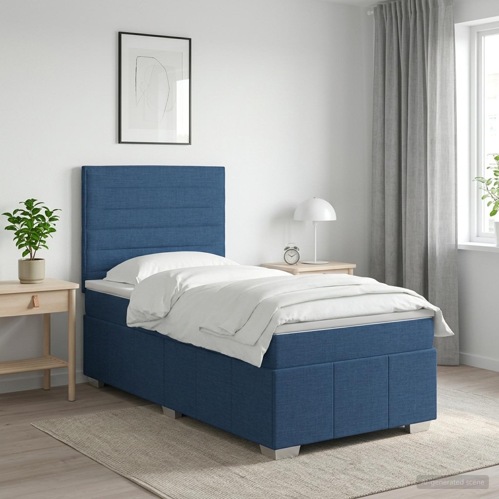 LED Boxspringbett mit Matratze Blau 90 x 200 cm Stoff