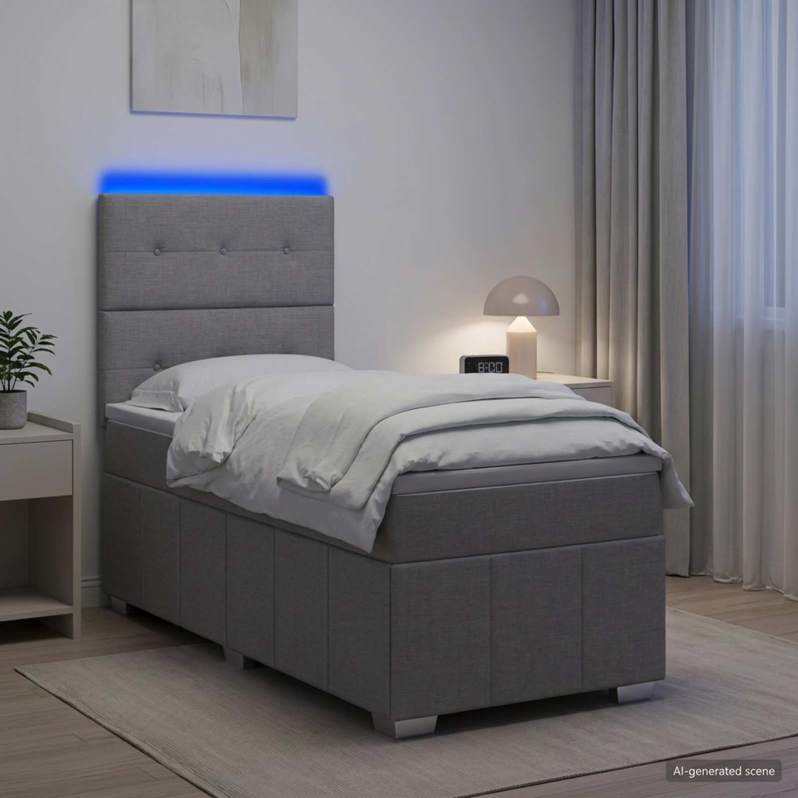 LED Boxspringbett mit Matratze Hellgrau 100 x 200 cm Stoff