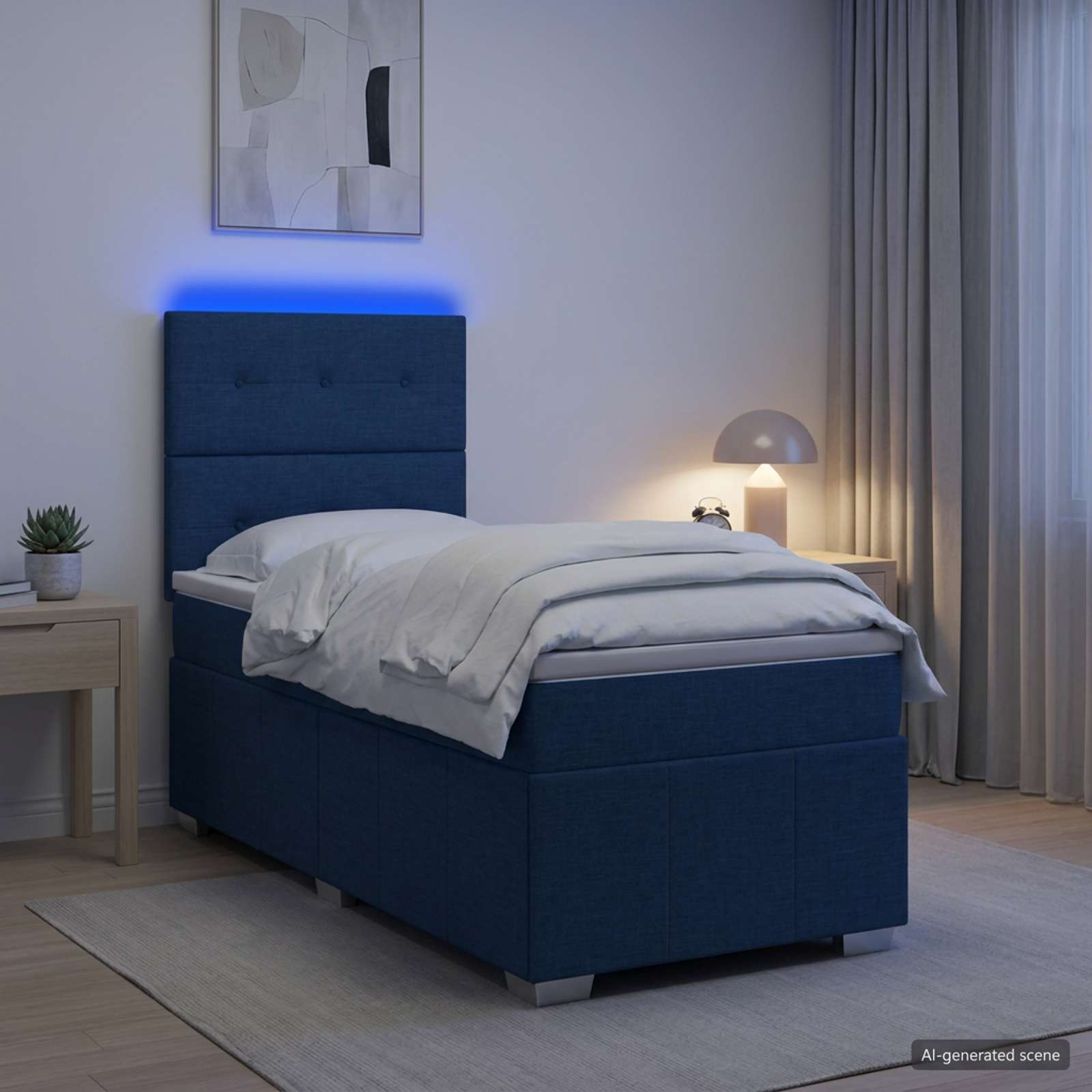 LED Boxspringbett mit Matratze Blau 100 x 200 cm Stoff