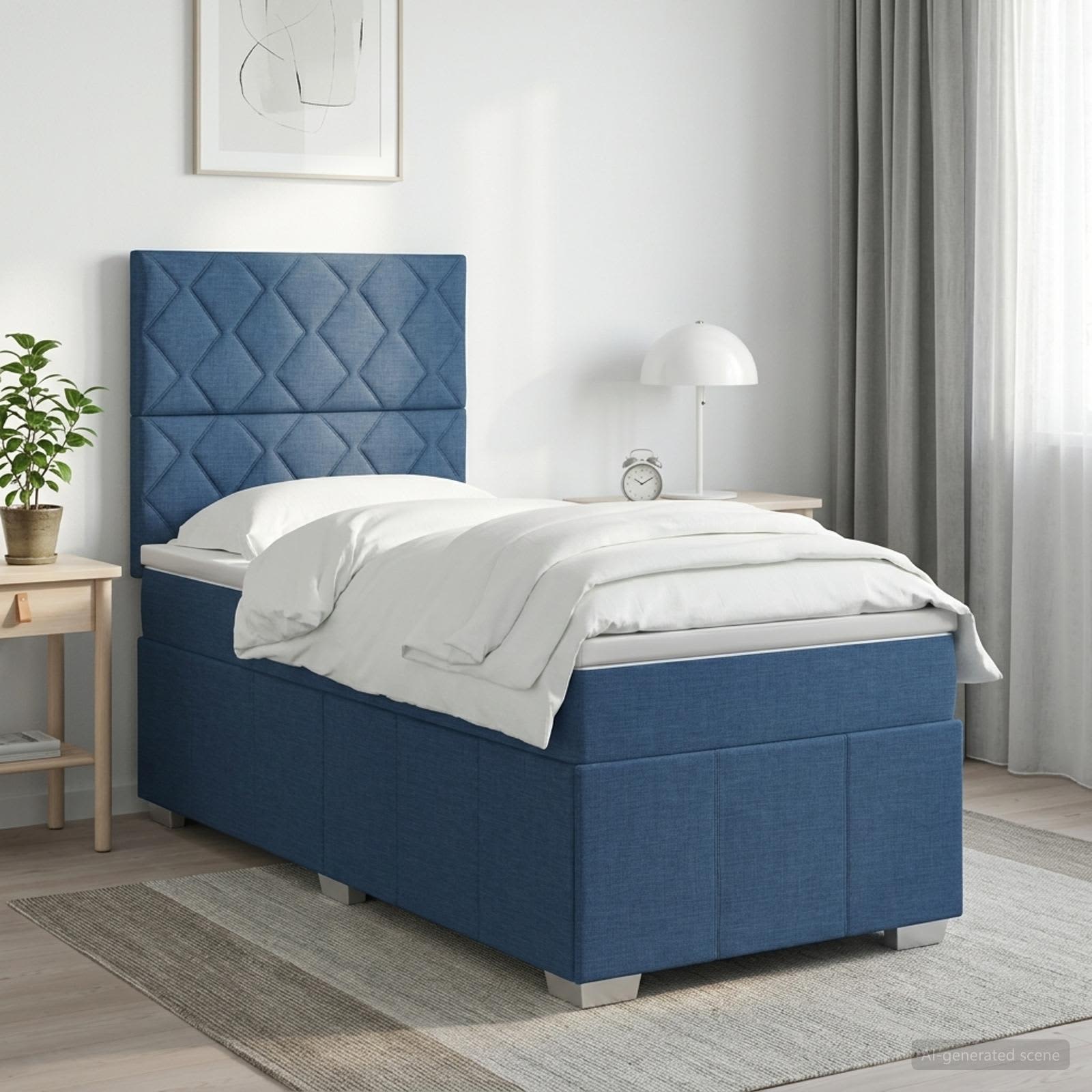 LED Boxspringbett mit Matratze Blau 90 x 200 cm Stoff