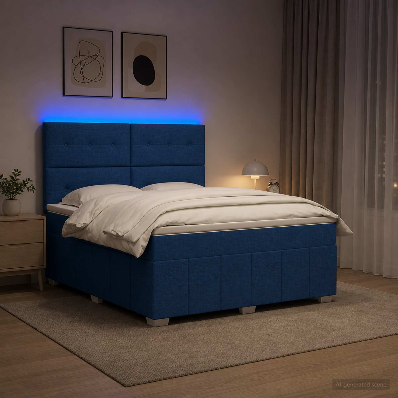 LED Boxspringbett mit Matratze Blau 140 x 200 cm Stoff