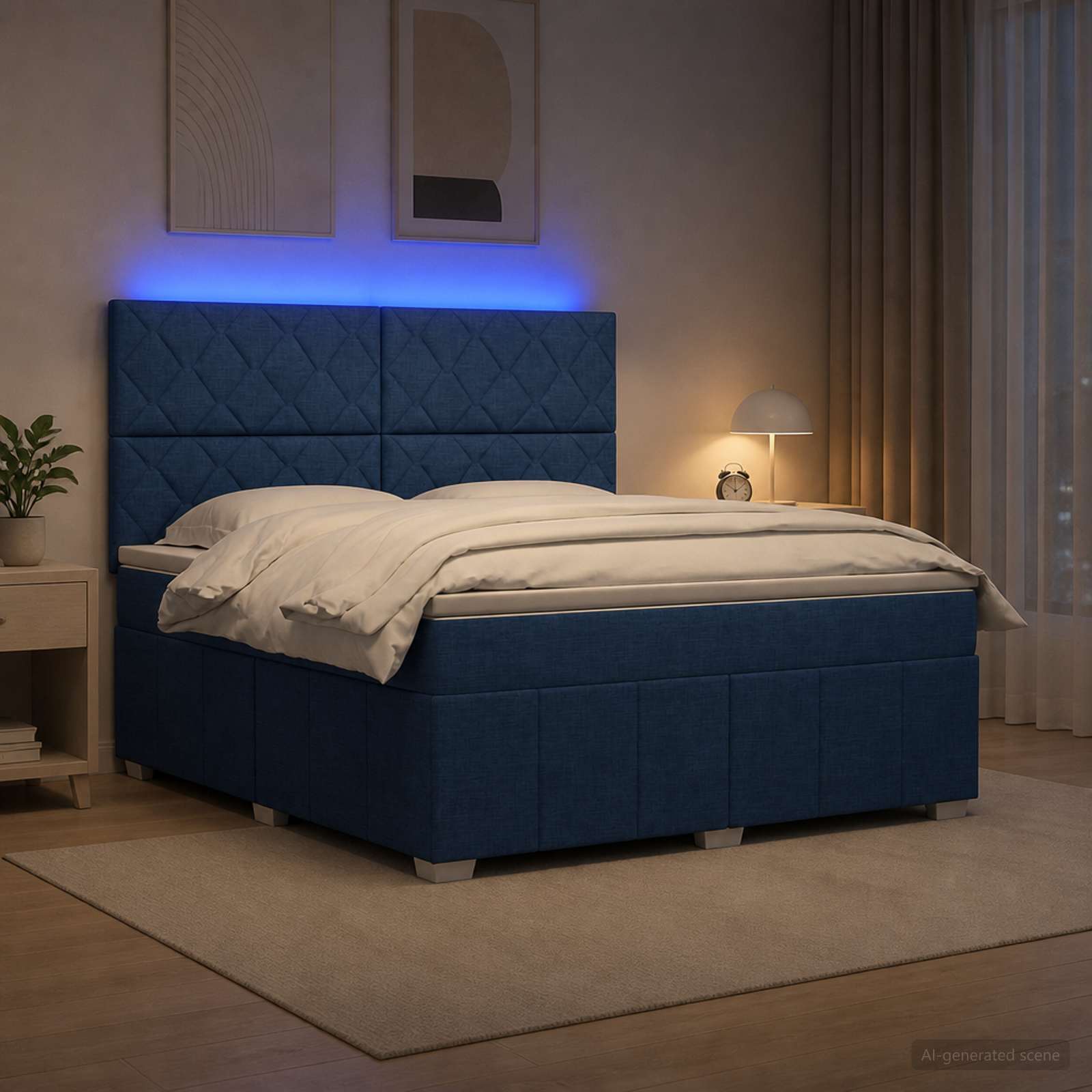 LED Boxspringbett mit Matratze Blau 140 x 200 cm Stoff