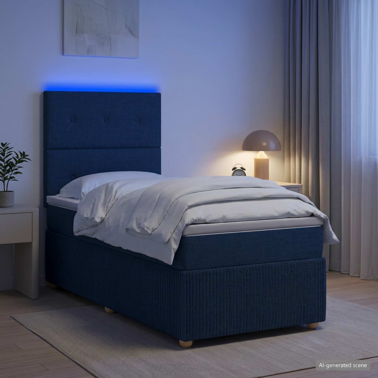 LED Boxspringbett mit Matratze Blau 90 x 190 cm Stoff