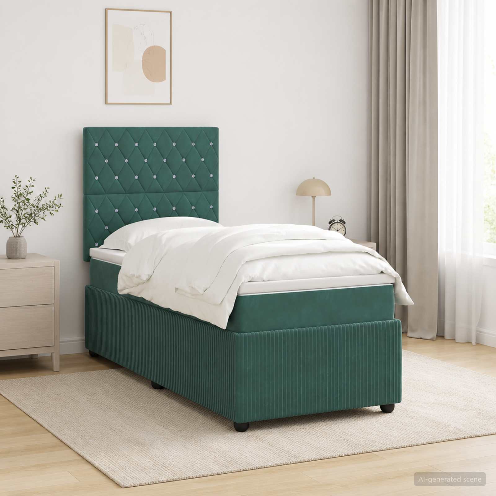 LED Boxspringbett mit Matratze Dunkelgrün 90 x 190 cm Samt
