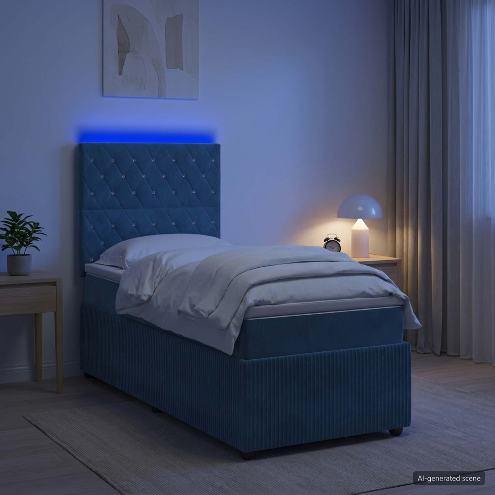 LED Boxspringbett mit Matratze Blau 100 x 200 cm Samt