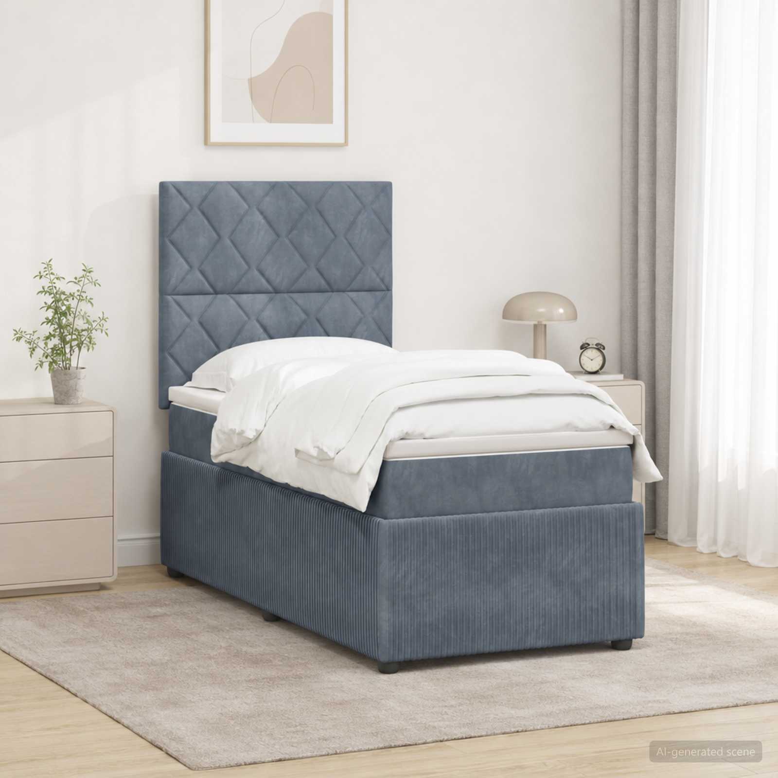LED Boxspringbett mit Matratze Dunkelgrau 90 x 200 cm Samt