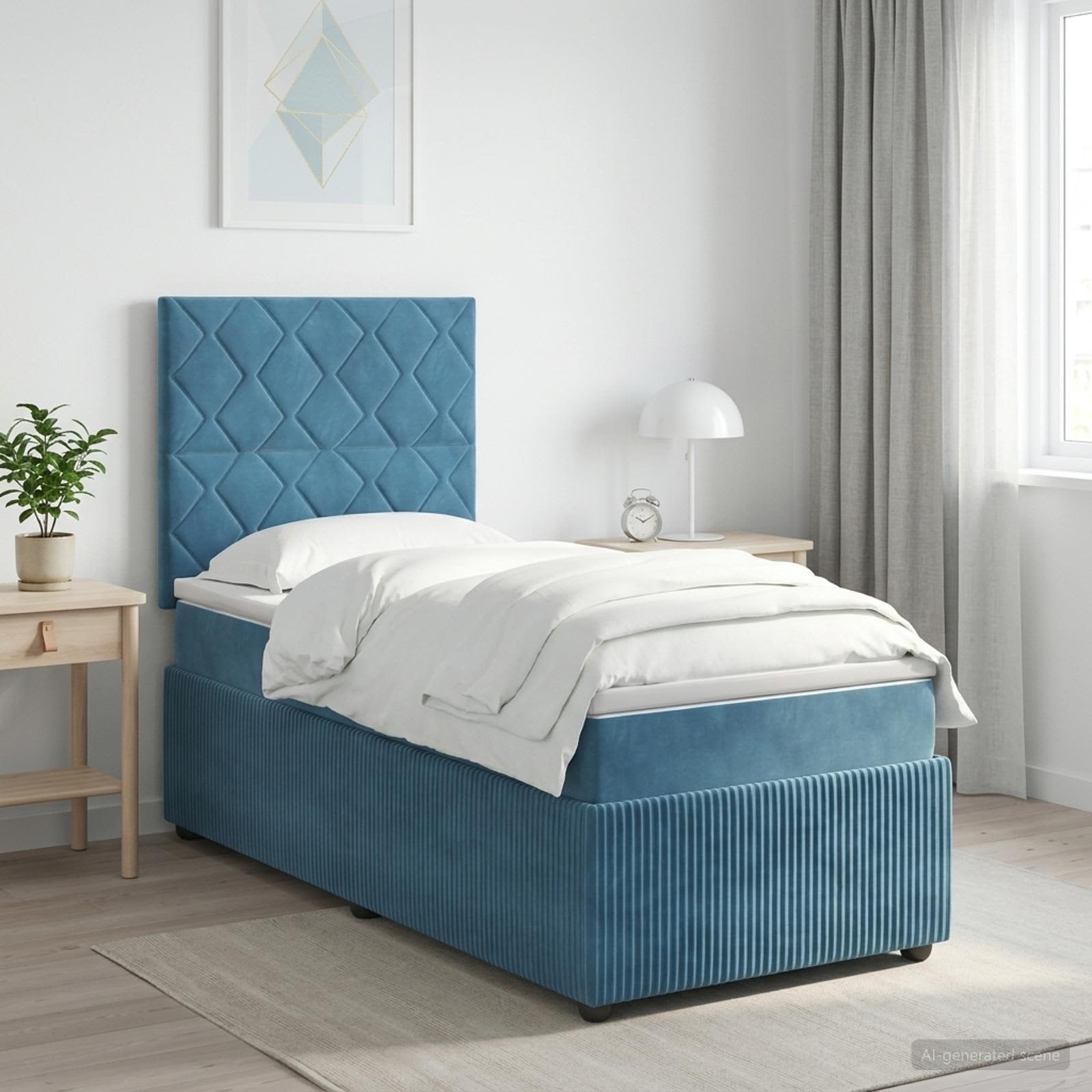LED Boxspringbett mit Matratze Blau 90 x 190 cm Samt