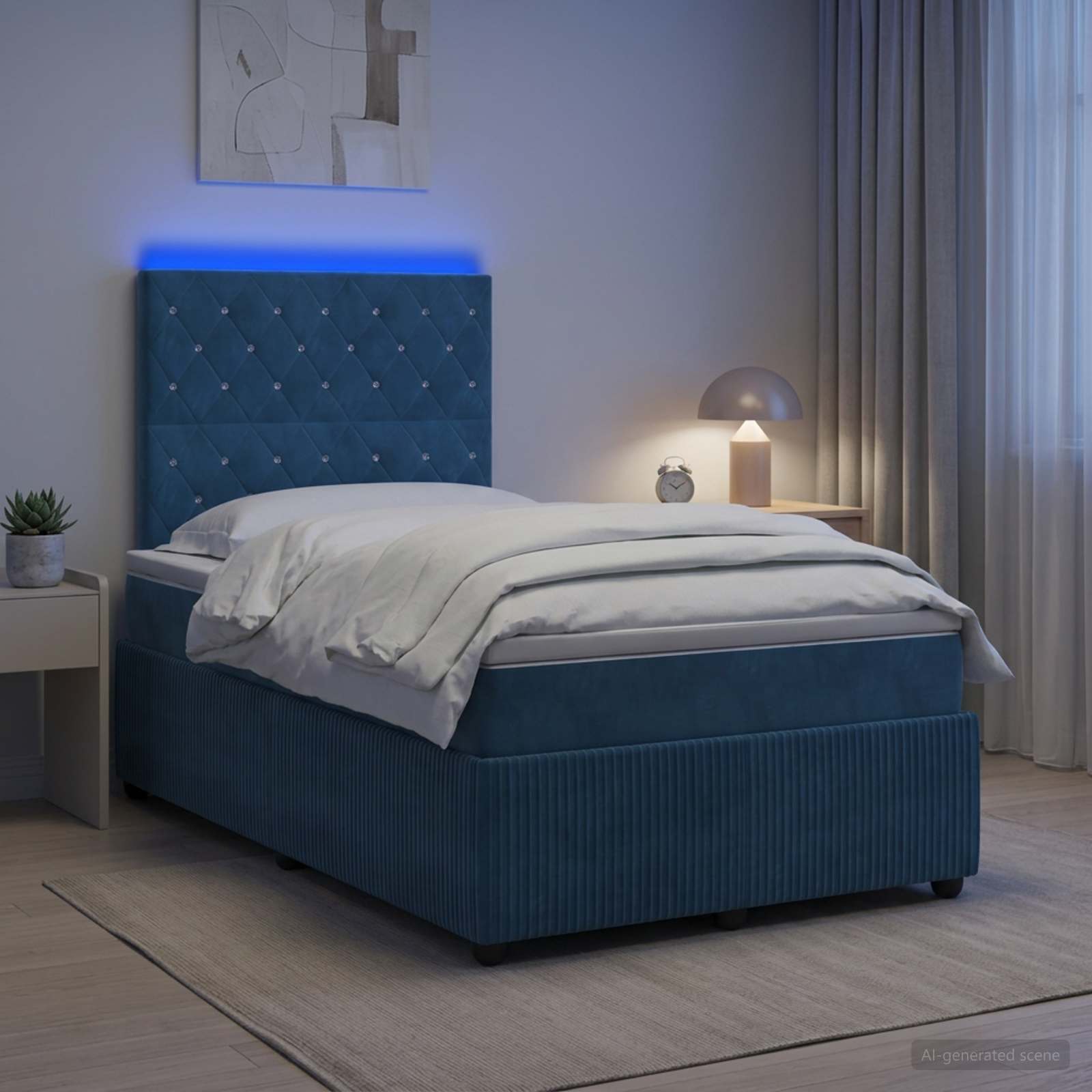 LED Boxspringbett mit Matratze Blau 120 x 200 cm Samt