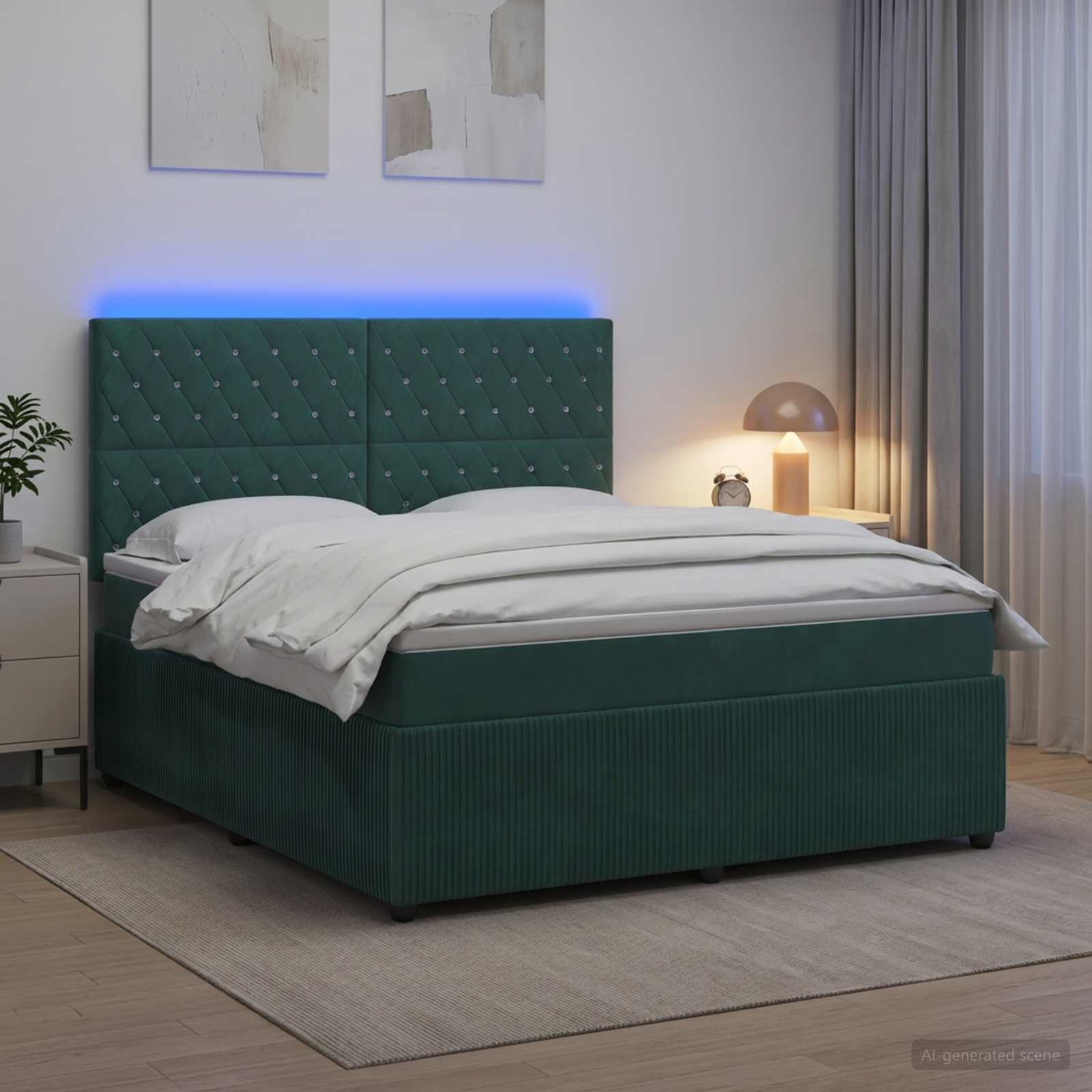 LED Boxspringbett mit Matratze Dunkelgrün 140 x 200 cm Samt