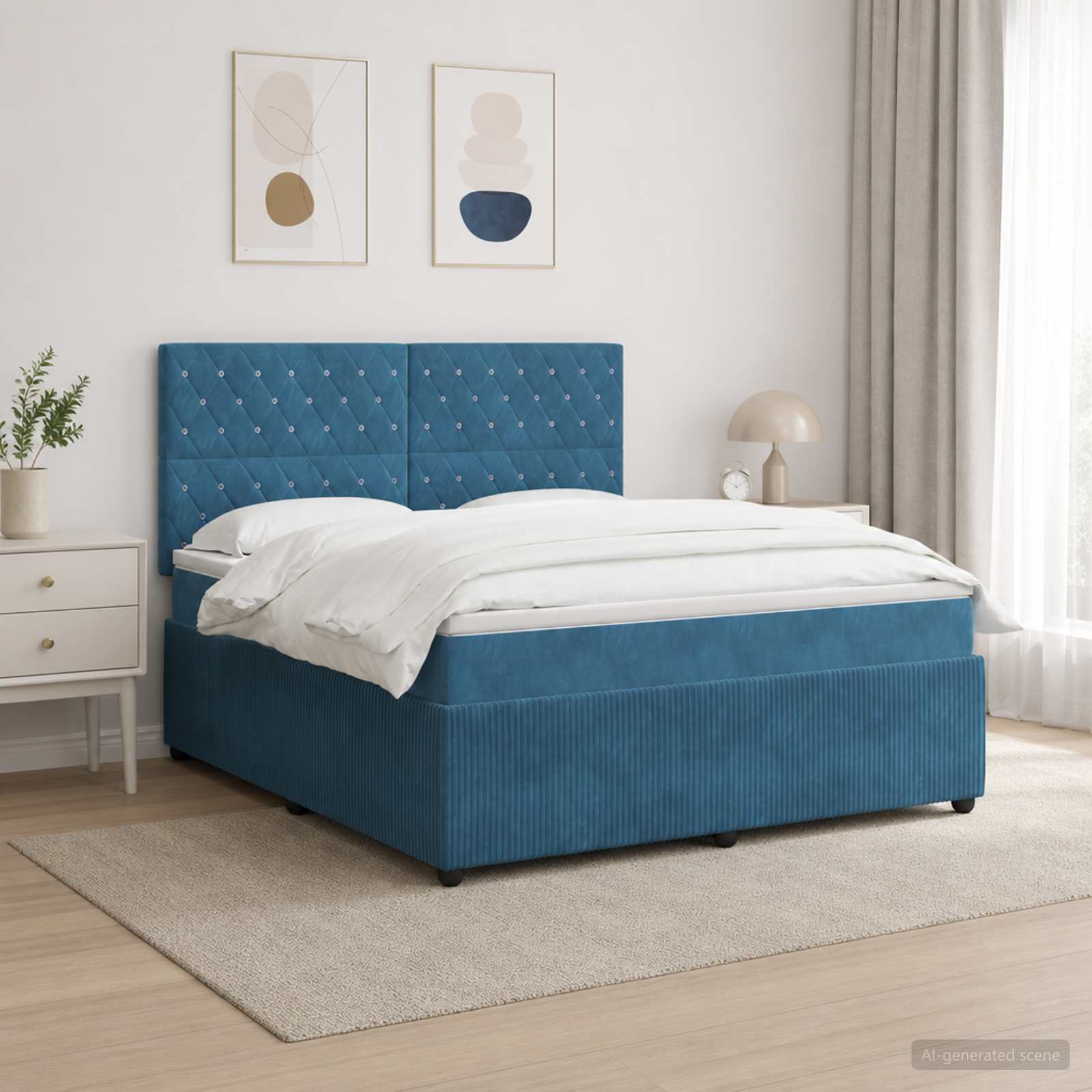 LED Boxspringbett mit Matratze Blau 140 x 190 cm Samt
