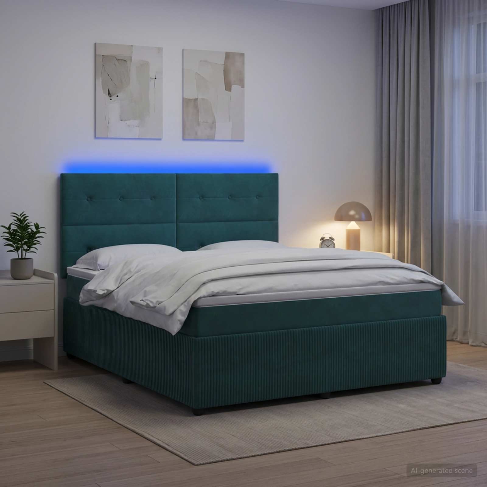 LED Boxspringbett mit Matratze Dunkelgrün 140 x 190 cm Samt